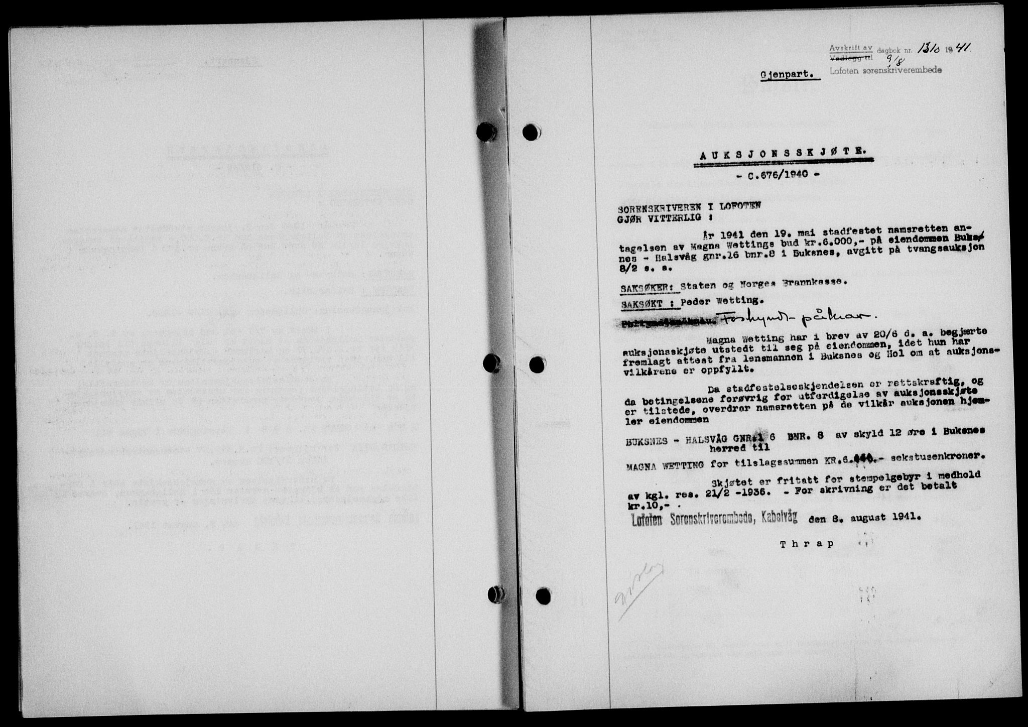 Lofoten sorenskriveri, SAT/A-0017/1/2/2C/L0008a: Mortgage book no. 8a, 1940-1941, Diary no: : 1310/1941