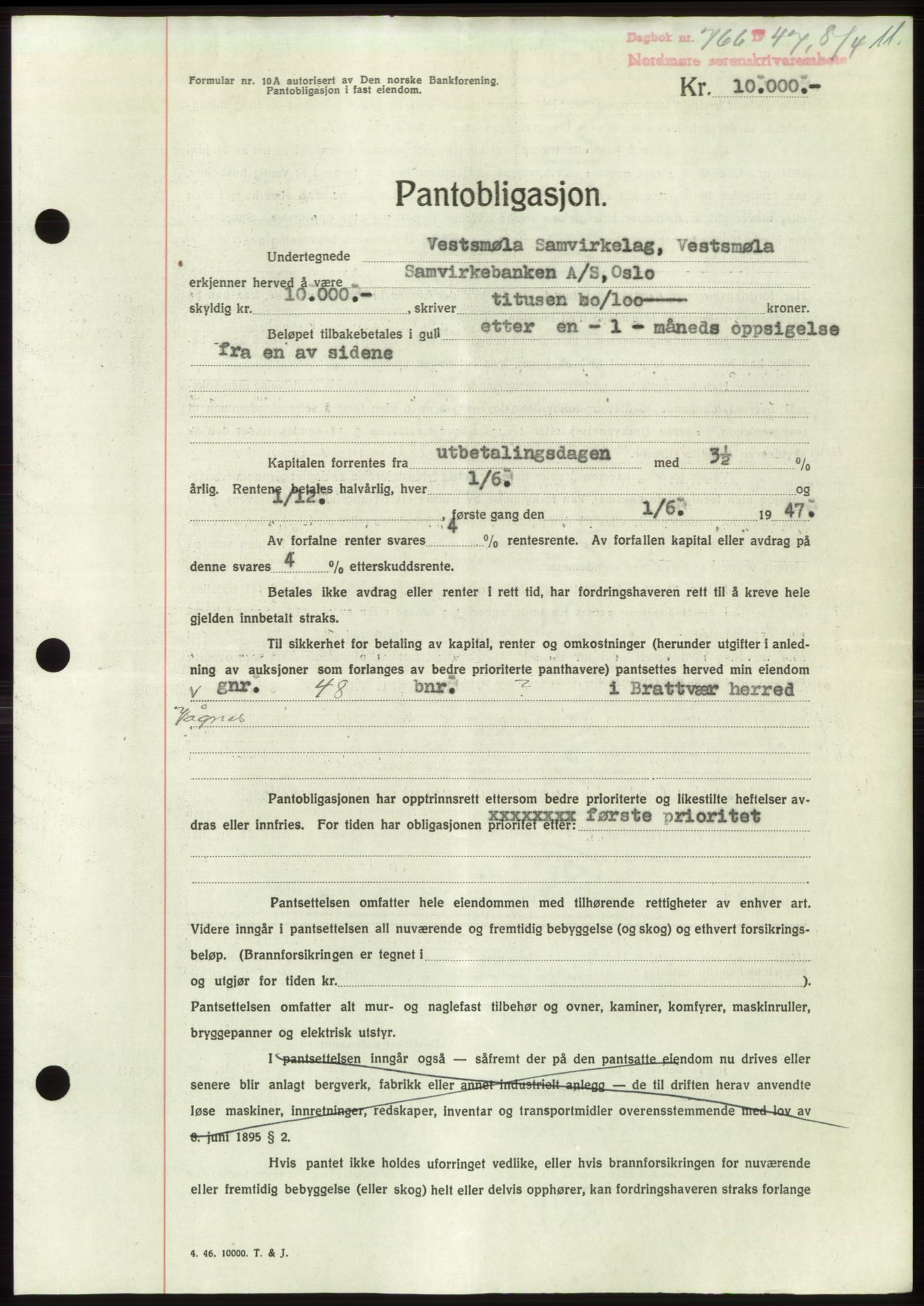 Nordmøre sorenskriveri, AV/SAT-A-4132/1/2/2Ca: Mortgage book no. B96, 1947-1947, Diary no: : 766/1947