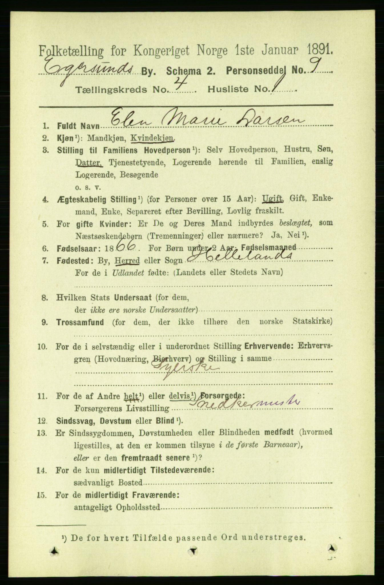 RA, 1891 census for 1101 Egersund, 1891, p. 608