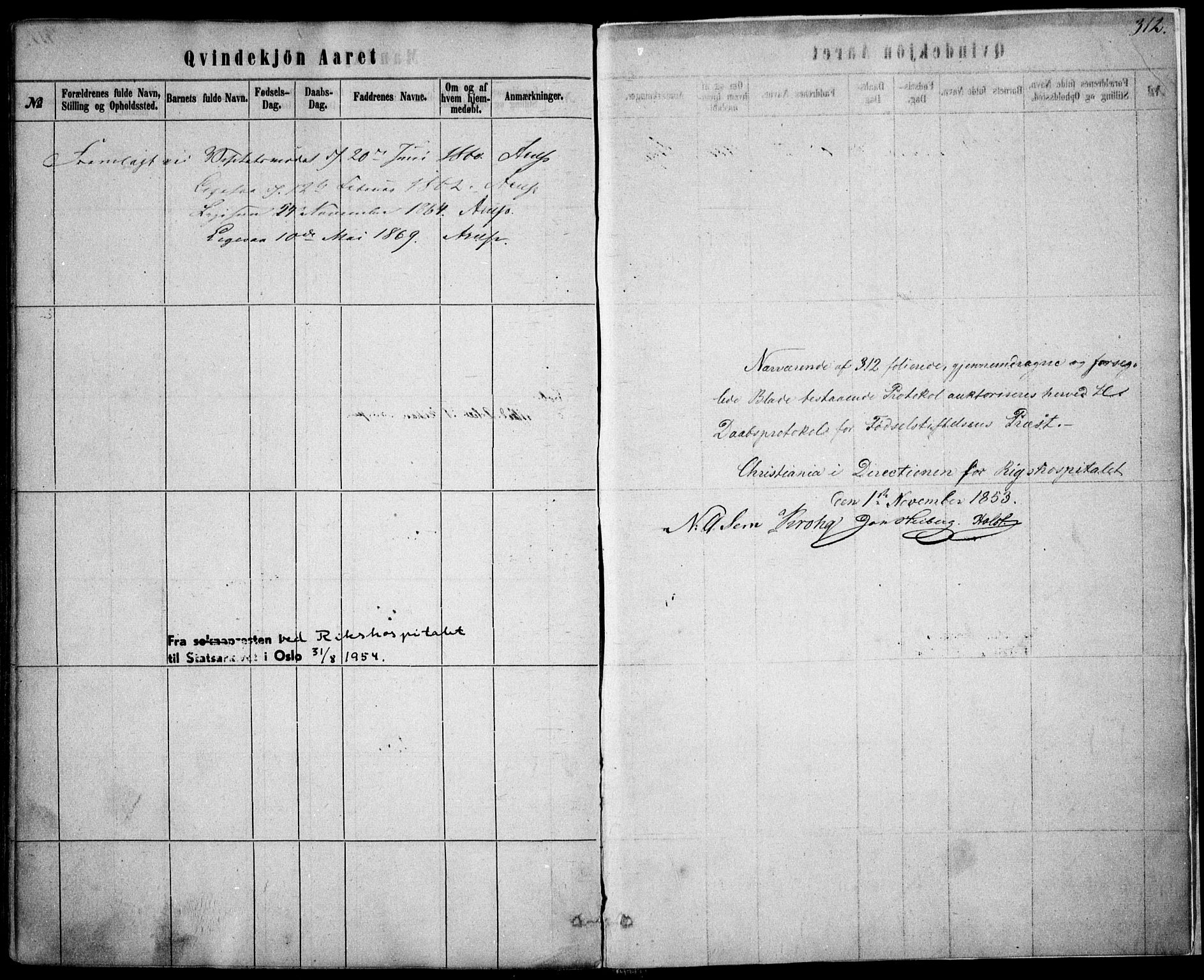 Rikshospitalet prestekontor Kirkebøker, SAO/A-10309b/F/L0004: Parish register (official) no. 4, 1853-1870, p. 312