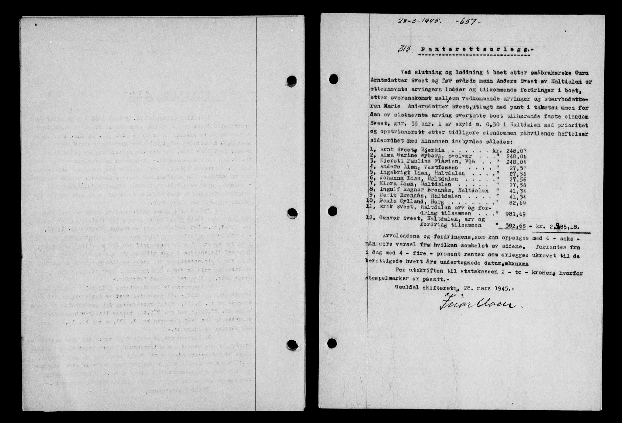 Gauldal sorenskriveri, SAT/A-0014/1/2/2C/L0058: Mortgage book no. 63, 1944-1945, Diary no: : 313/1945