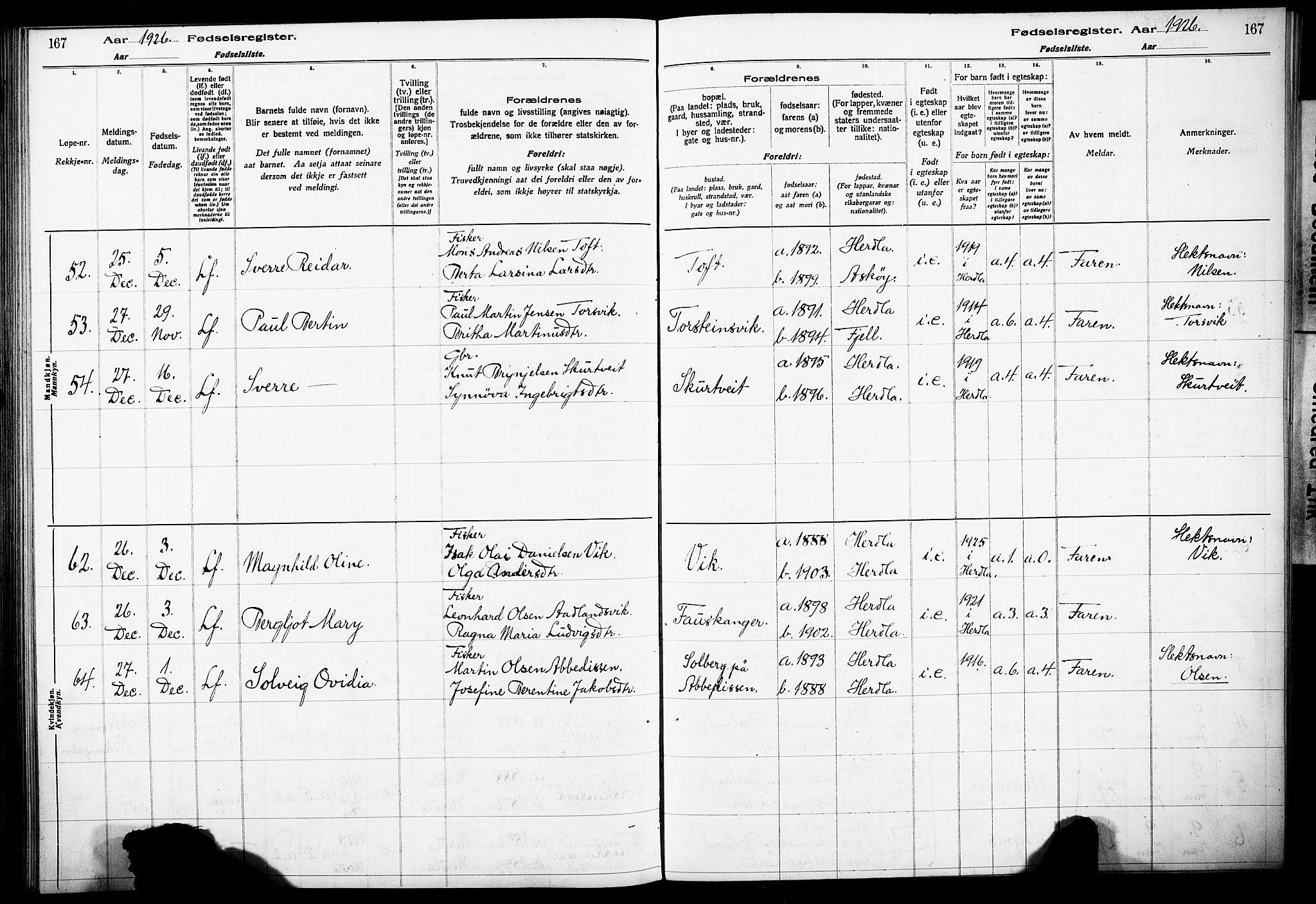 Herdla Sokneprestembete, AV/SAB-A-75701/I/Id/L00A1: Birth register no. A 1, 1916-1929, p. 167