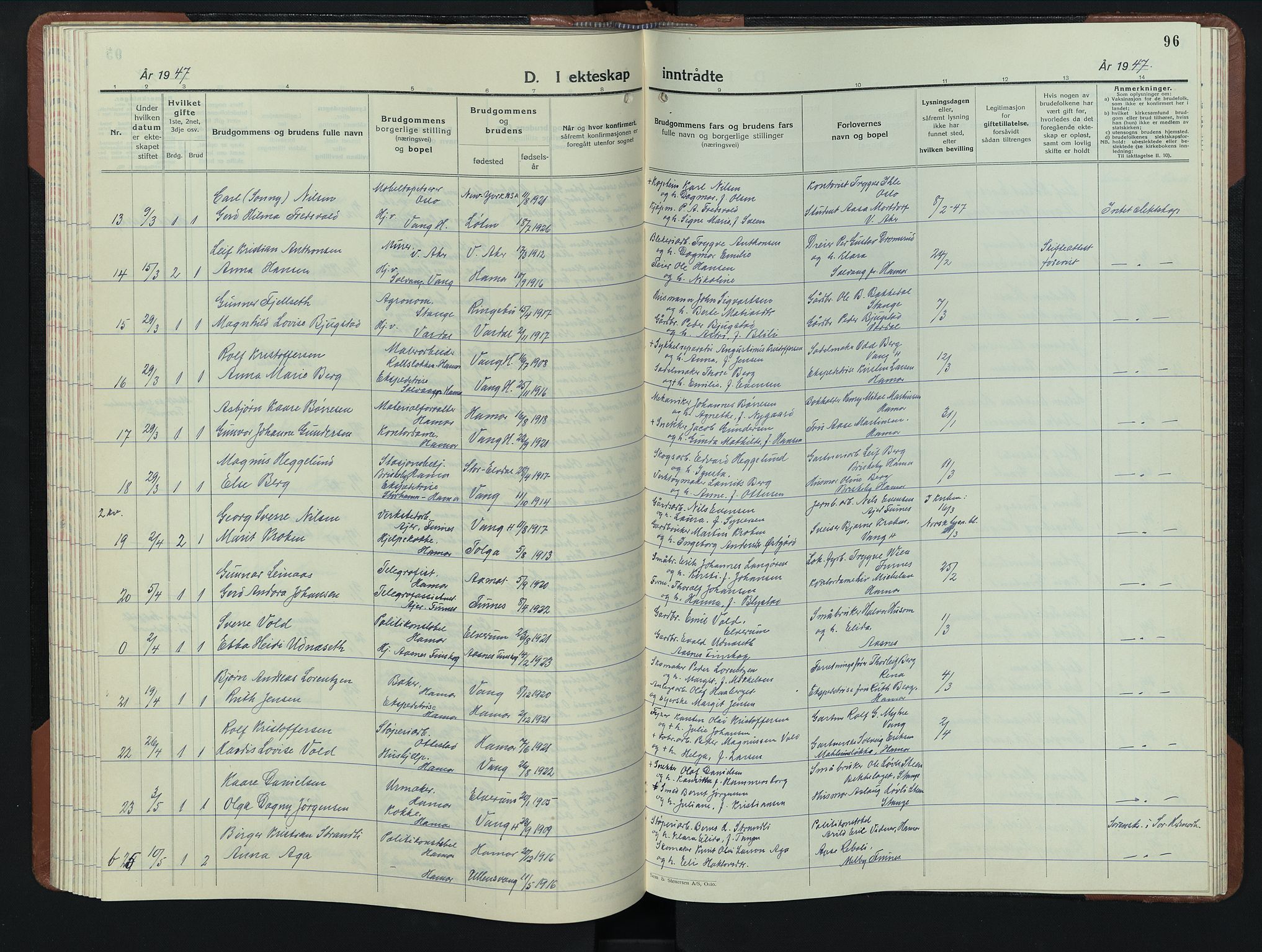 Hamar prestekontor, AV/SAH-DOMPH-002/H/Ha/Hab/L0006: Parish register (copy) no. 6, 1931-1950, p. 96