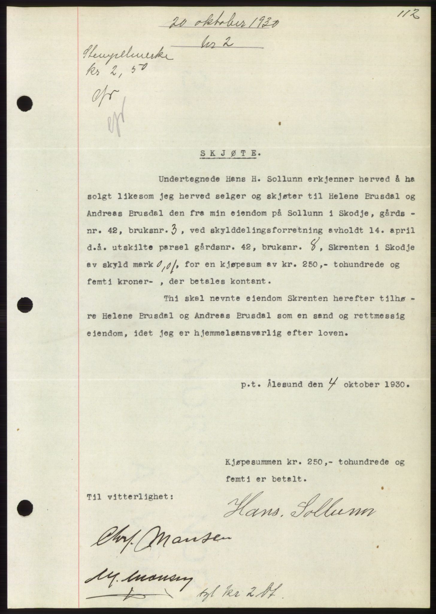 Nordre Sunnmøre sorenskriveri, AV/SAT-A-0006/1/2/2C/2Ca/L0047: Mortgage book no. 47, 1930-1931, Deed date: 20.10.1930