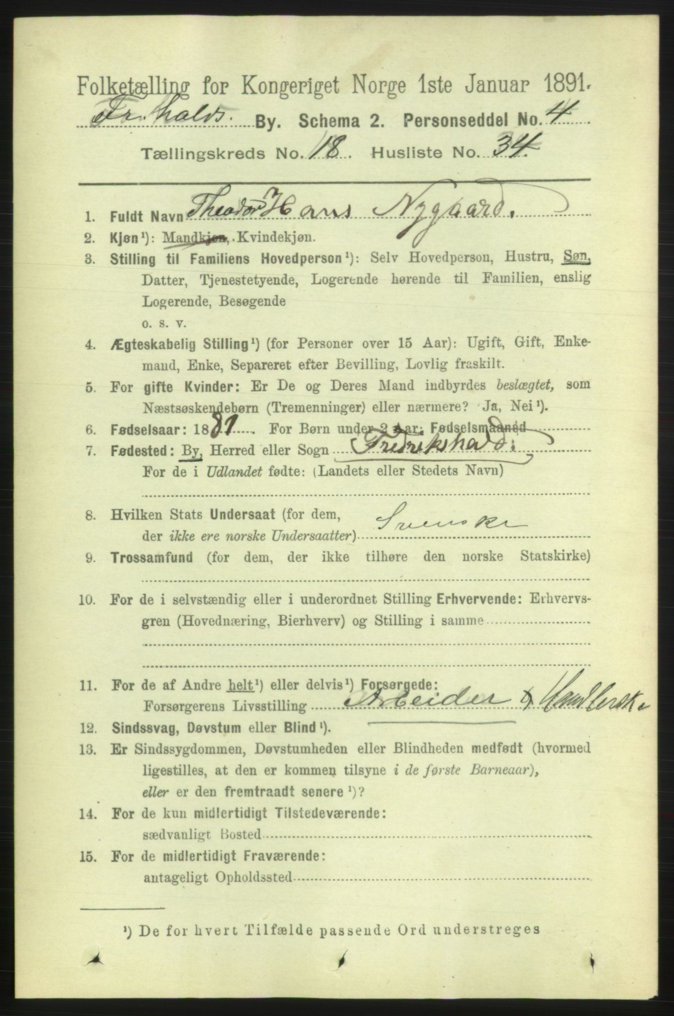 RA, 1891 census for 0101 Fredrikshald, 1891, p. 11846
