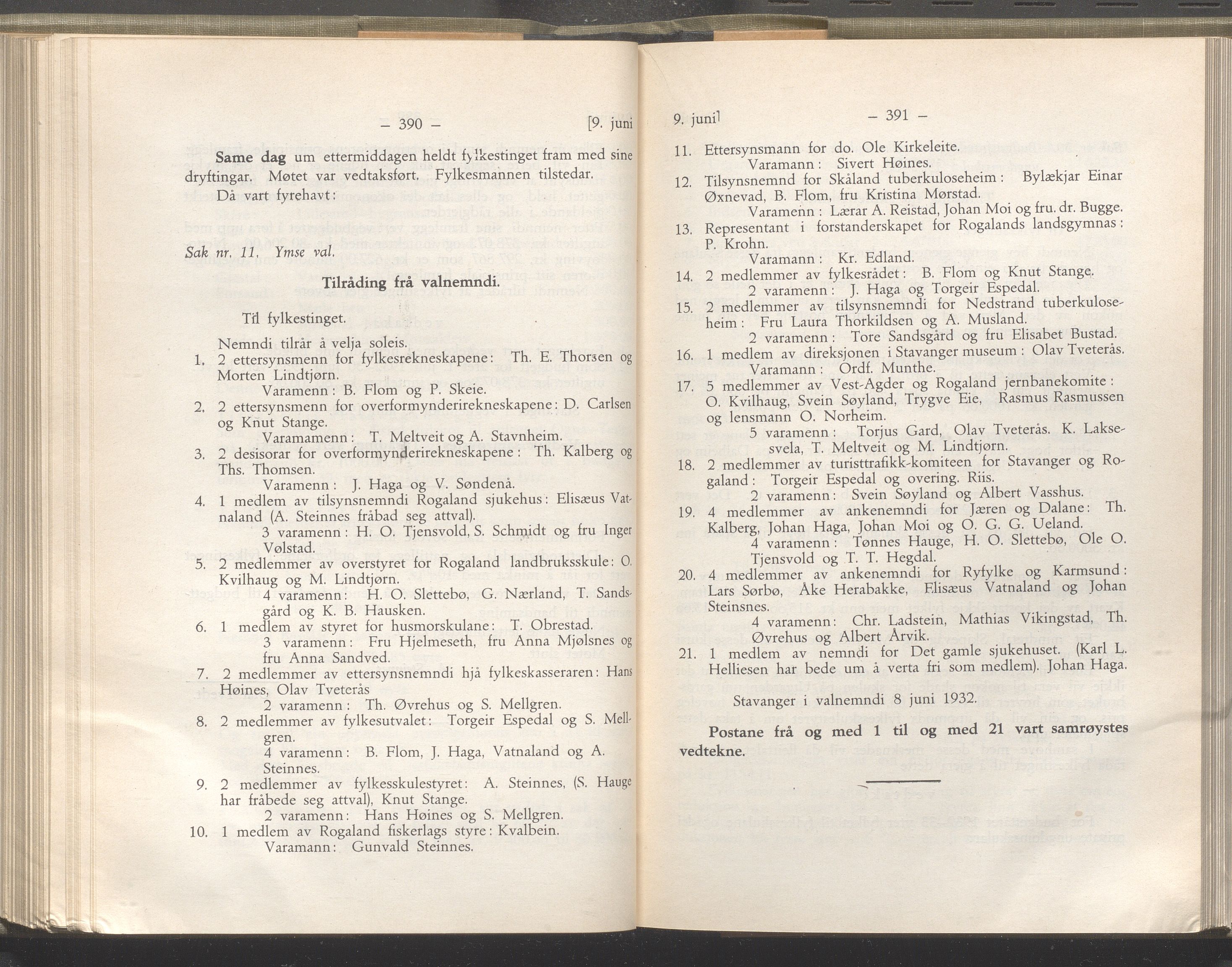 Rogaland fylkeskommune - Fylkesrådmannen , IKAR/A-900/A/Aa/Aaa/L0051: Møtebok , 1932, p. 390-391