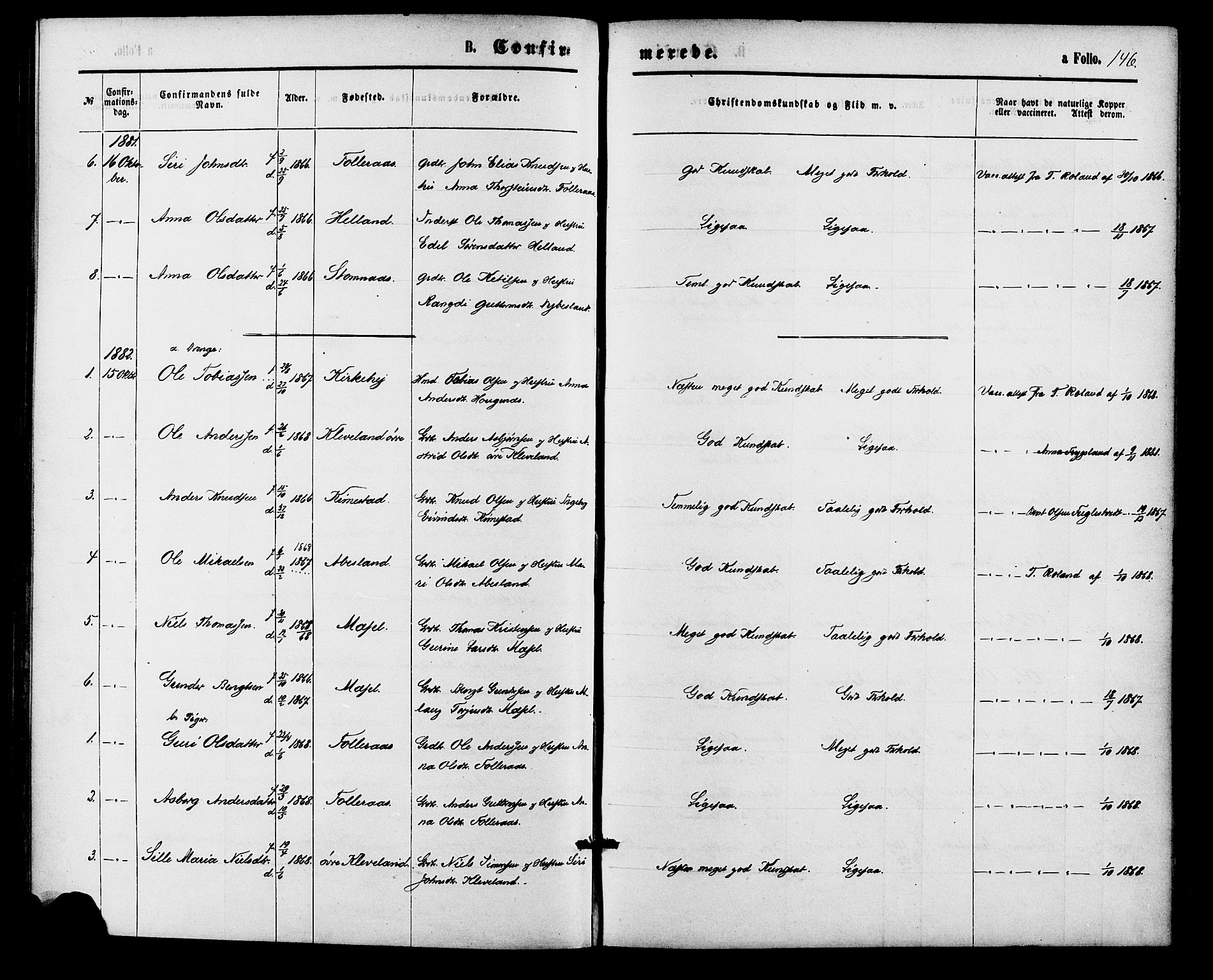 Bjelland sokneprestkontor, SAK/1111-0005/F/Fa/Fab/L0003: Parish register (official) no. A 3, 1870-1887, p. 146