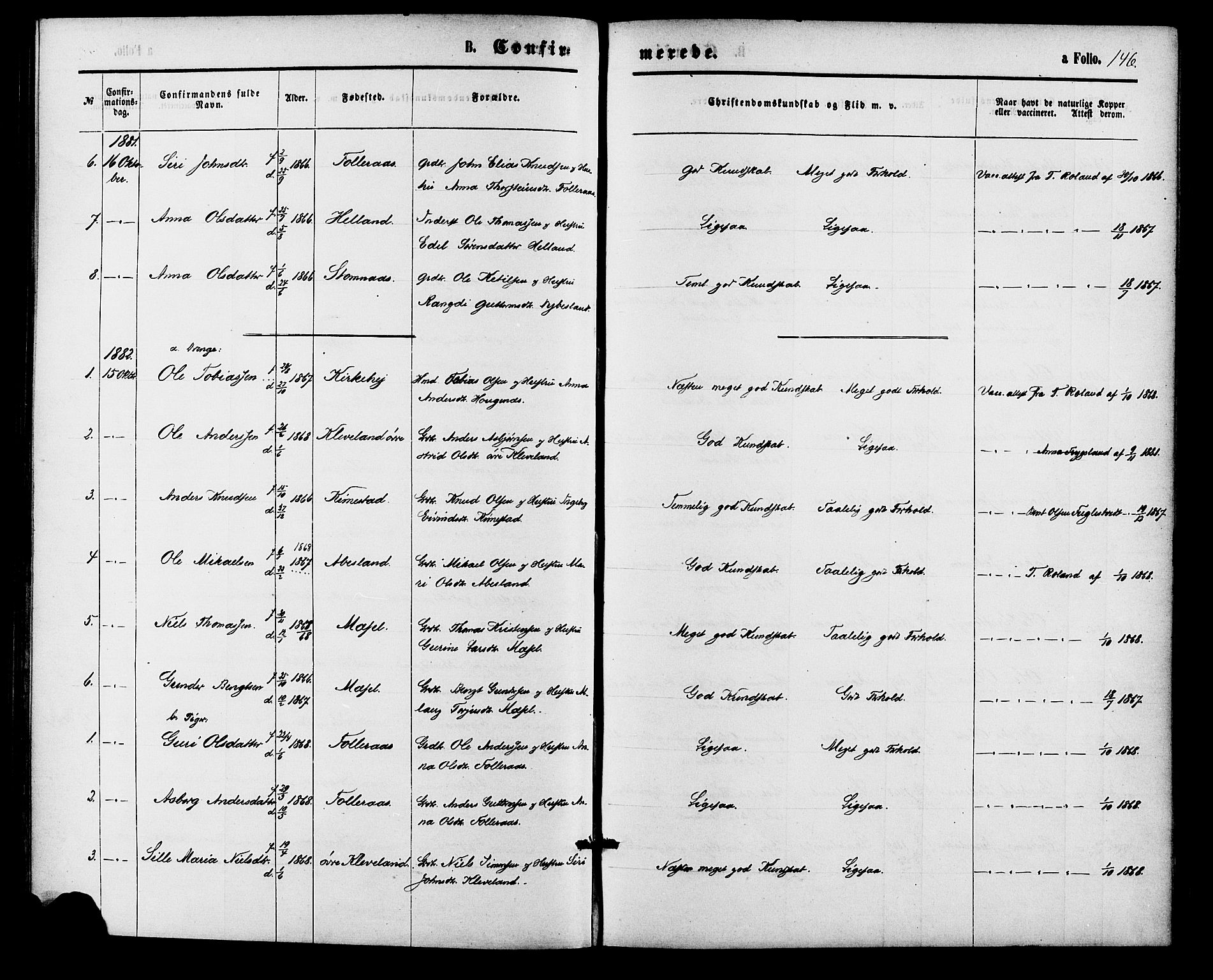 Bjelland sokneprestkontor, AV/SAK-1111-0005/F/Fa/Fab/L0003: Parish register (official) no. A 3, 1870-1887, p. 146