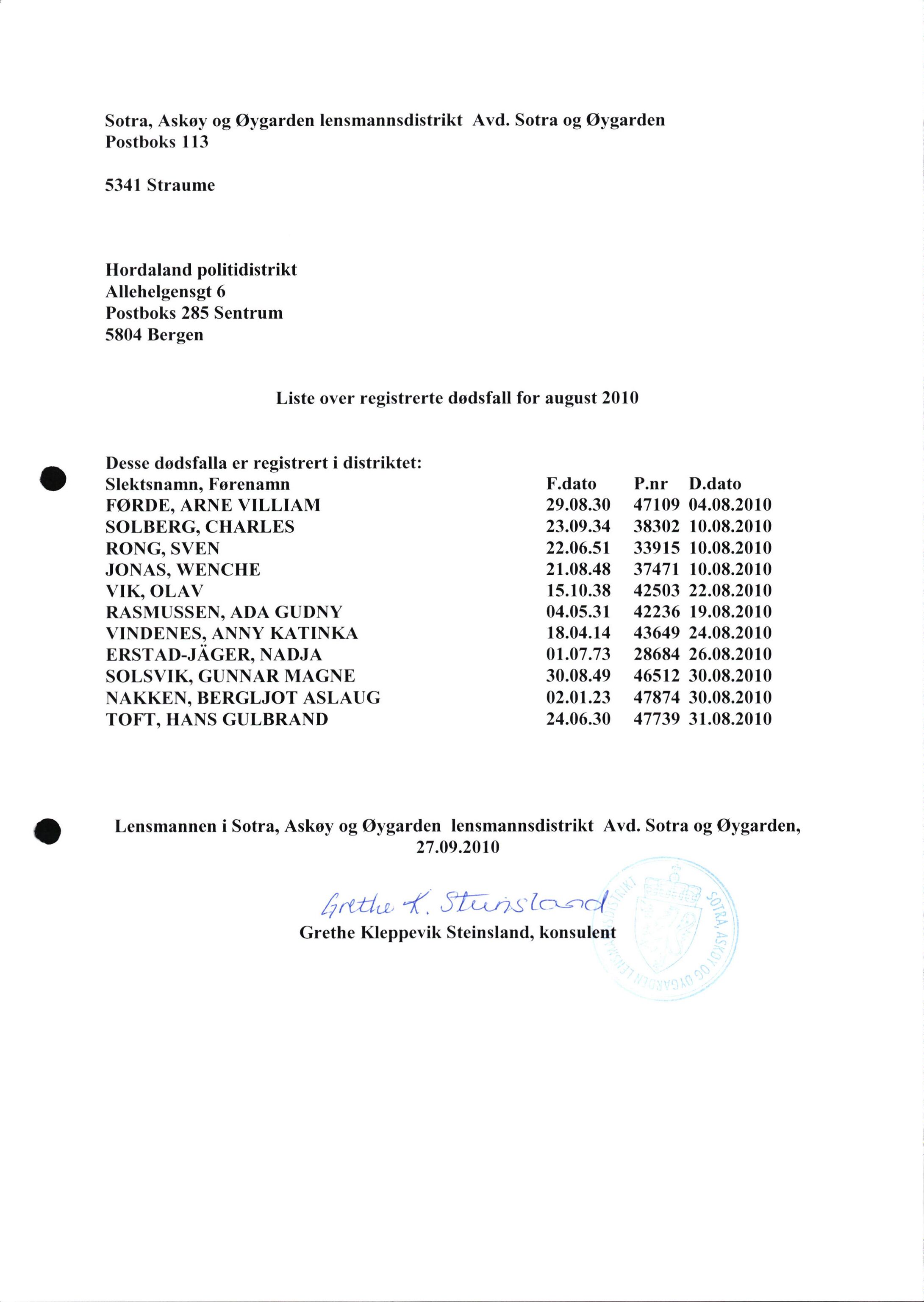 Lensmannen i Fjell og Sund, AV/SAB-A-100158/0006/L0015: Dødsfallprotokoll (2010) og dødsfall utanfor bupelsdistriktet (1974-2004), 1974-2010, p. 26