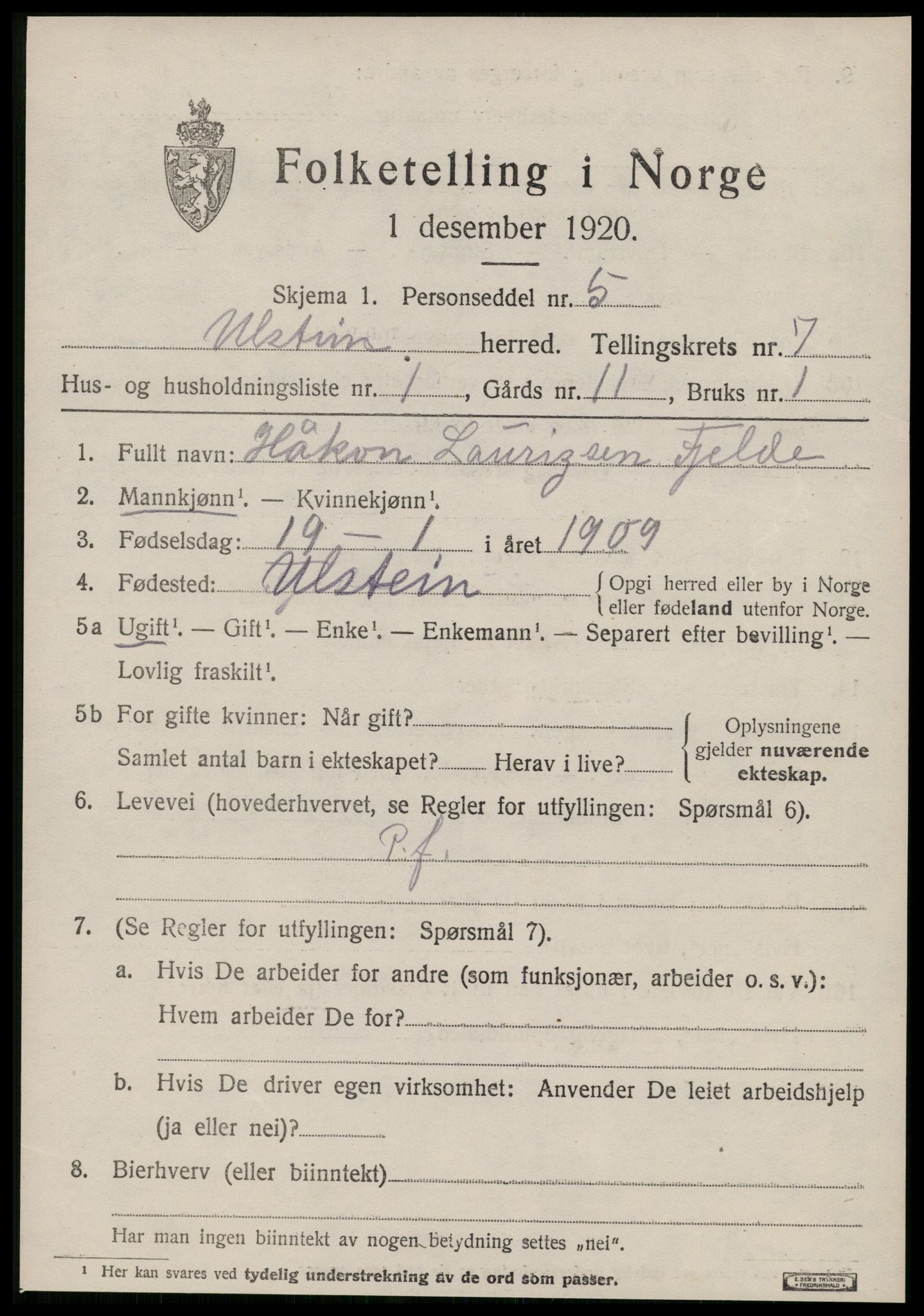 SAT, 1920 census for Ulstein, 1920, p. 4100