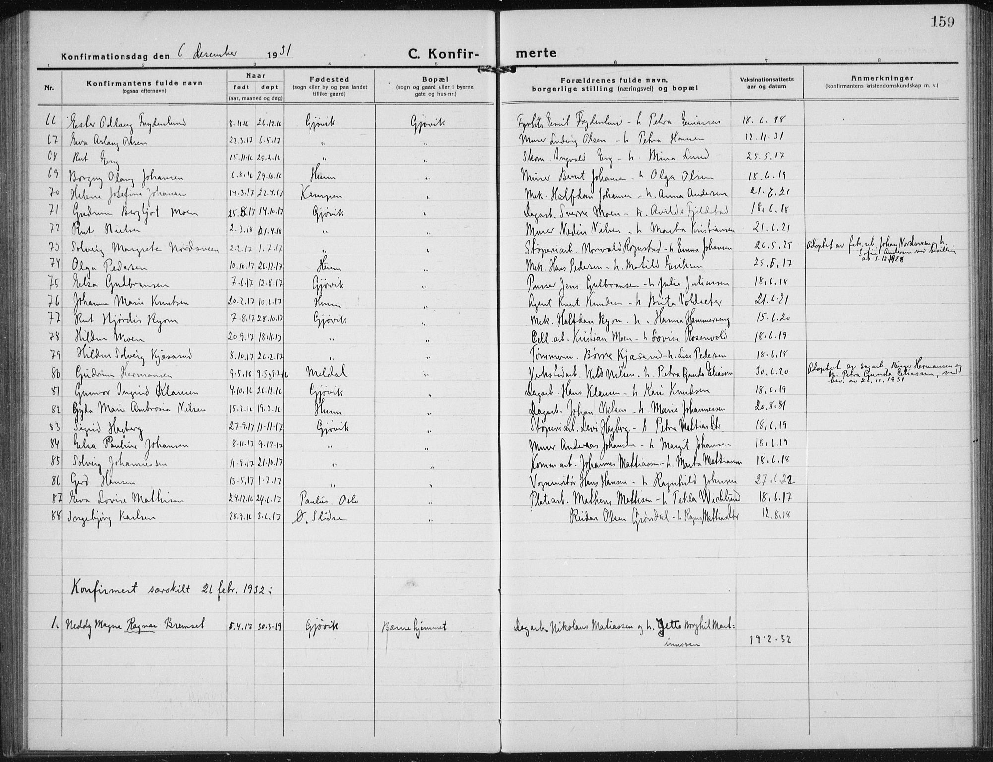 Vardal prestekontor, AV/SAH-PREST-100/H/Ha/Hab/L0017: Parish register (copy) no. 17, 1922-1941, p. 159