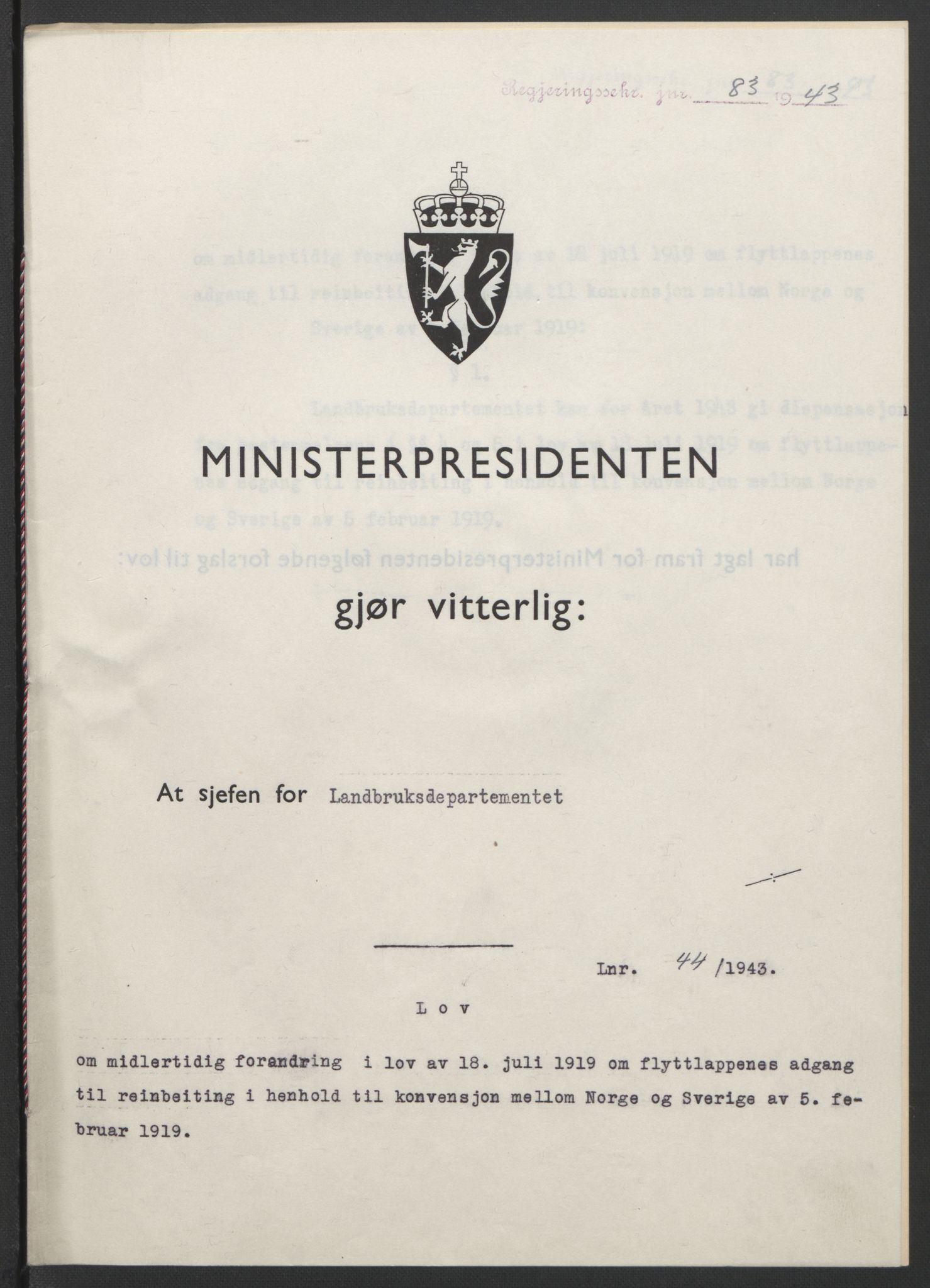 NS-administrasjonen 1940-1945 (Statsrådsekretariatet, de kommisariske statsråder mm), RA/S-4279/D/Db/L0099: Lover, 1943, p. 192