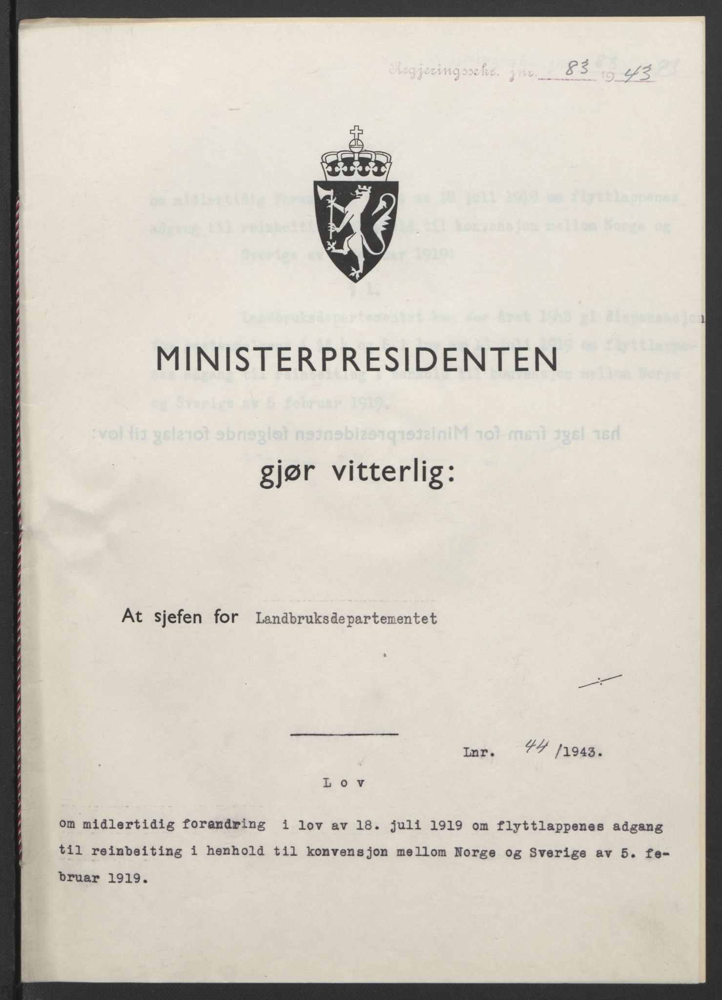 NS-administrasjonen 1940-1945 (Statsrådsekretariatet, de kommisariske statsråder mm), AV/RA-S-4279/D/Db/L0099: Lover, 1943, p. 192