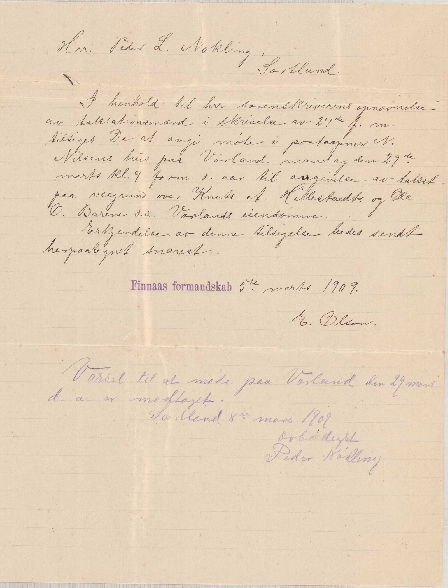 Finnaas kommune. Formannskapet, IKAH/1218a-021/D/Da/L0001/0011: Korrespondanse / saker / Kronologisk ordna korrespondanse , 1908-1912, p. 4