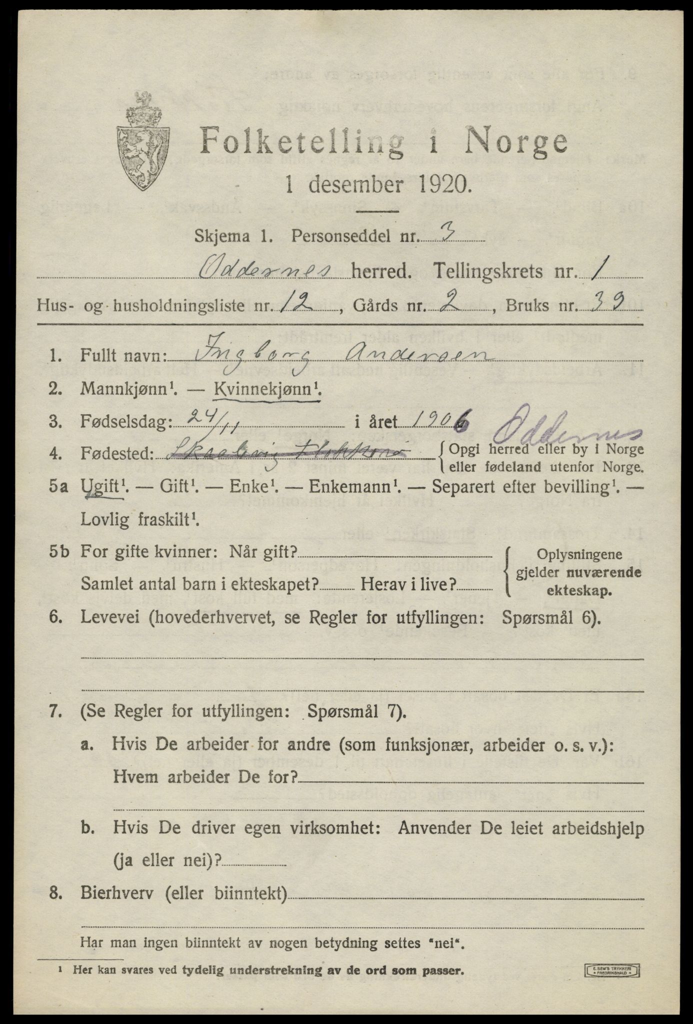 SAK, 1920 census for Oddernes, 1920, p. 2149