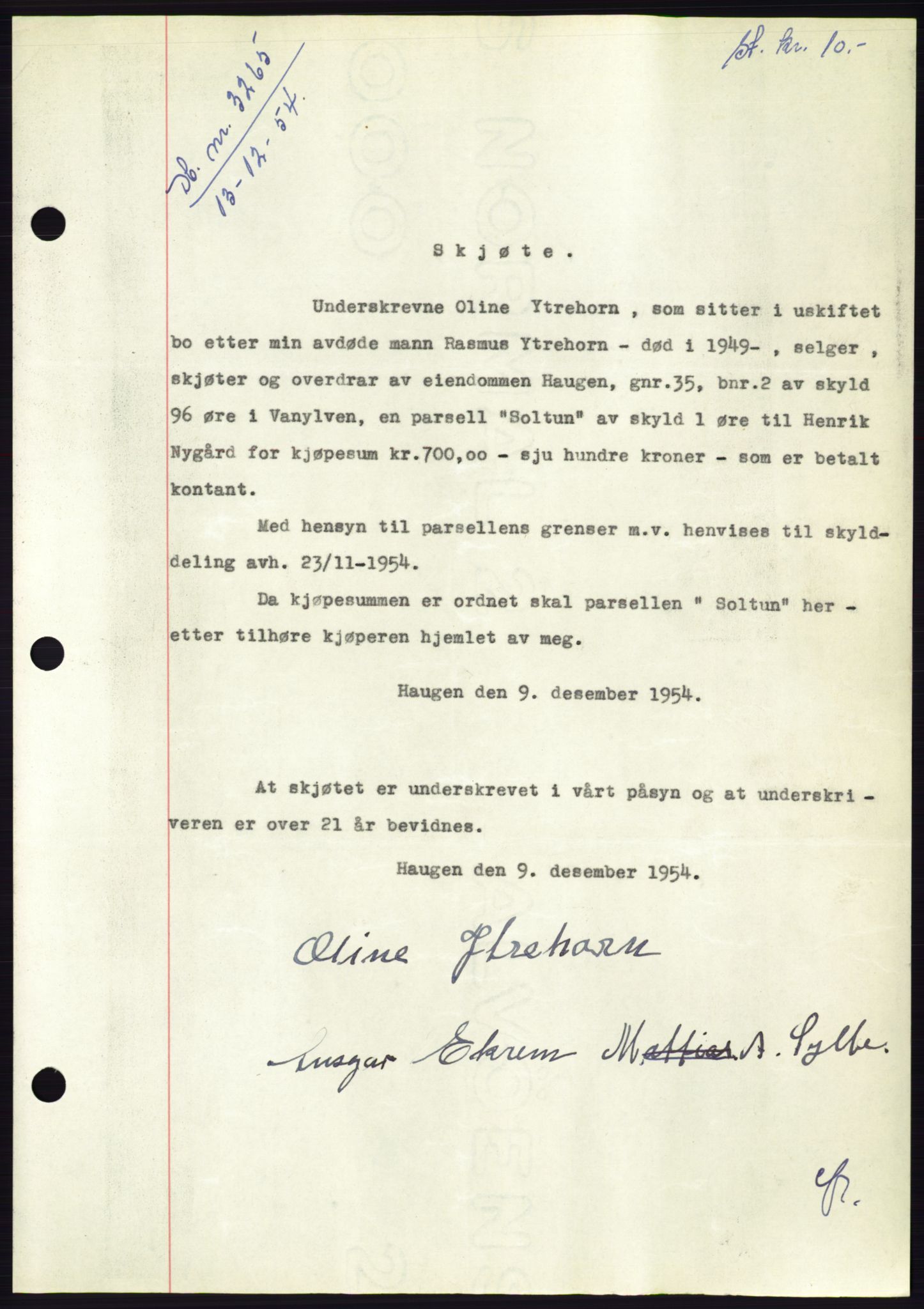 Søre Sunnmøre sorenskriveri, AV/SAT-A-4122/1/2/2C/L0099: Mortgage book no. 25A, 1954-1954, Diary no: : 3265/1954