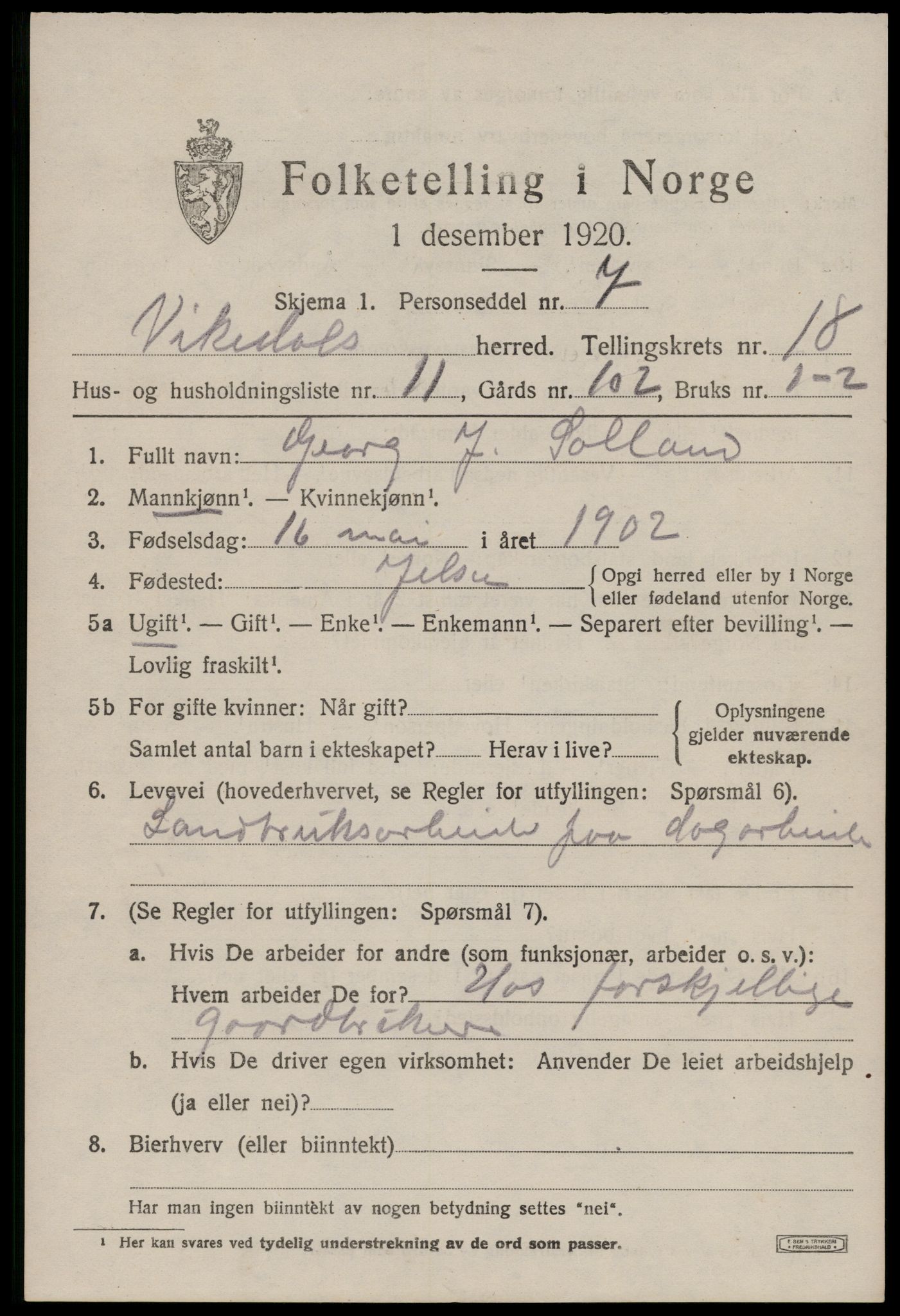 SAST, 1920 census for Vikedal, 1920, p. 5303