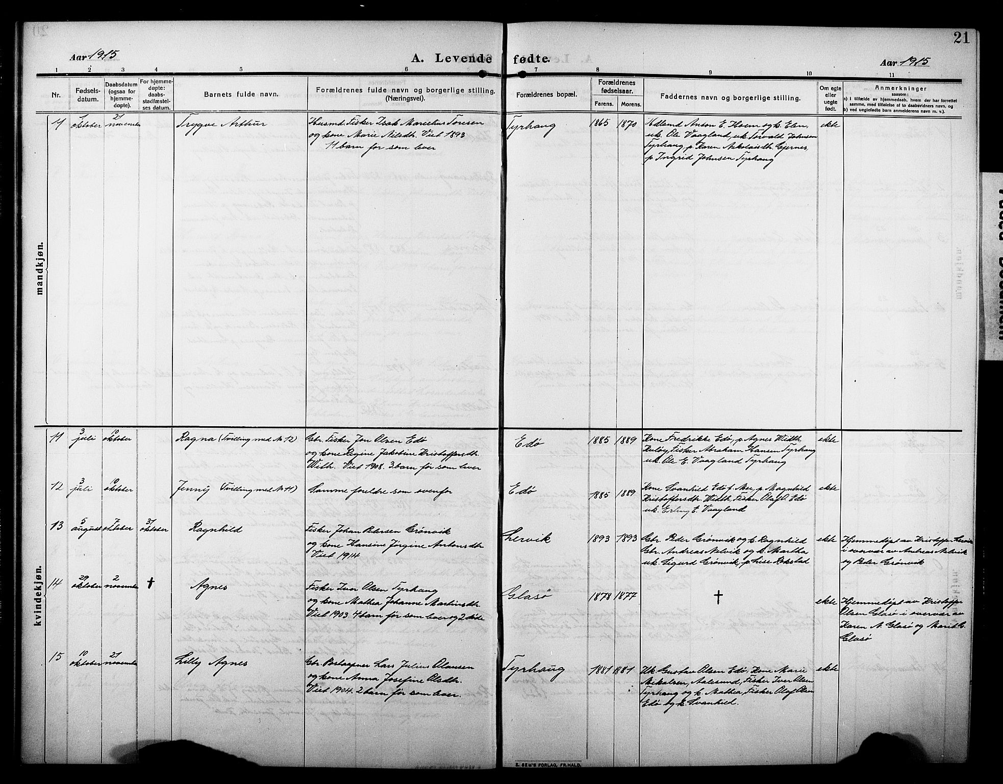 Ministerialprotokoller, klokkerbøker og fødselsregistre - Møre og Romsdal, AV/SAT-A-1454/581/L0943: Parish register (copy) no. 581C01, 1909-1931, p. 21