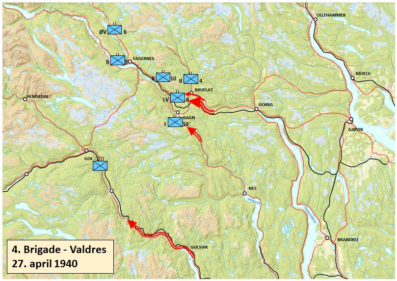 Forsvaret, Forsvarets krigshistoriske avdeling, RA/RAFA-2017/Y/Yb/L0000: Oversikt over 4. brigades organisering i april 1940. Situasjonskart for perioden 20.-30. april 1940. Ved Oblt. / Cand. Phil. Knut Werner-Hagen, april 2020., 1940, p. 5