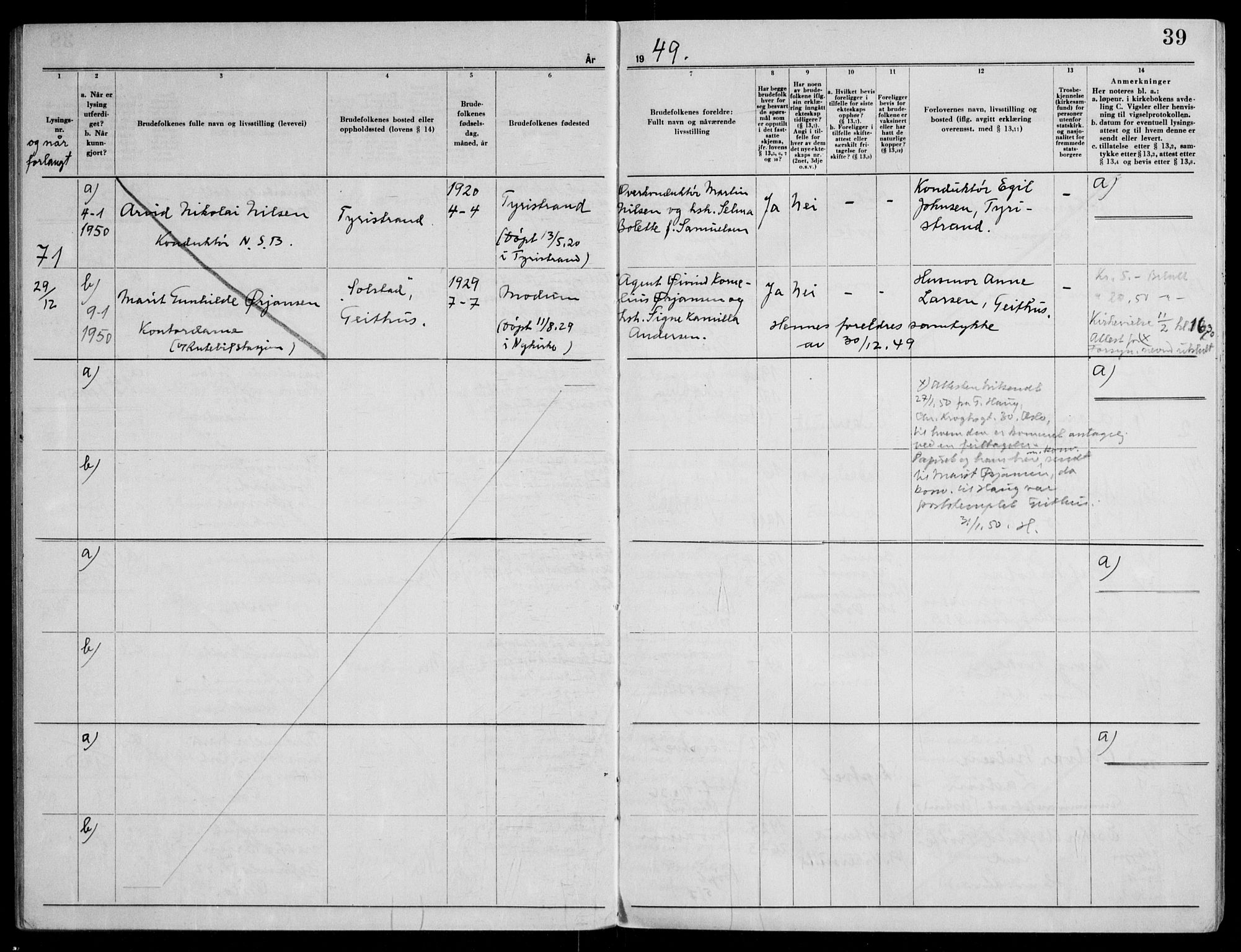 Modum kirkebøker, AV/SAKO-A-234/H/Ha/L0005: Banns register no. I 5, 1949-1953, p. 39