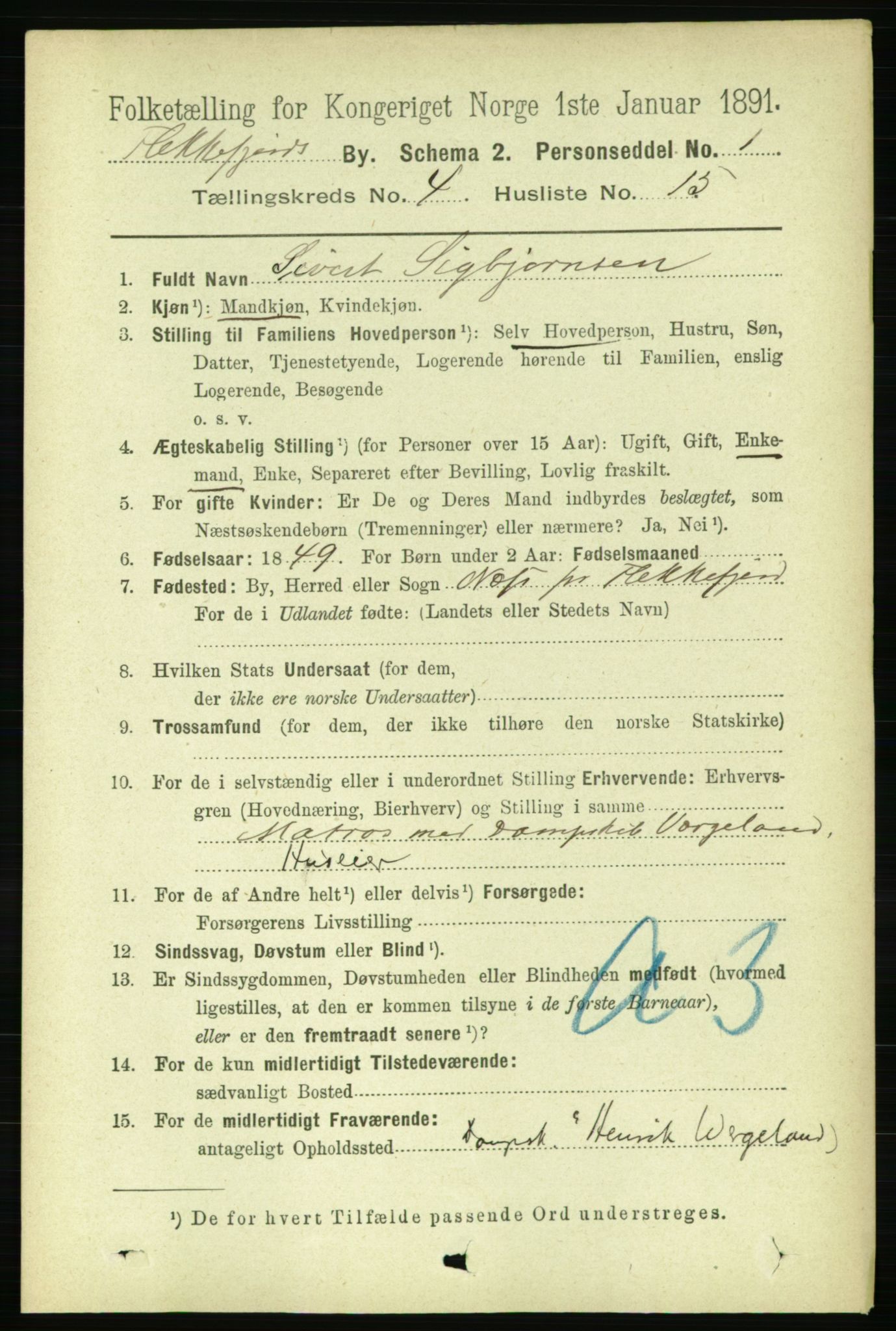 RA, 1891 census for 1004 Flekkefjord, 1891, p. 1109