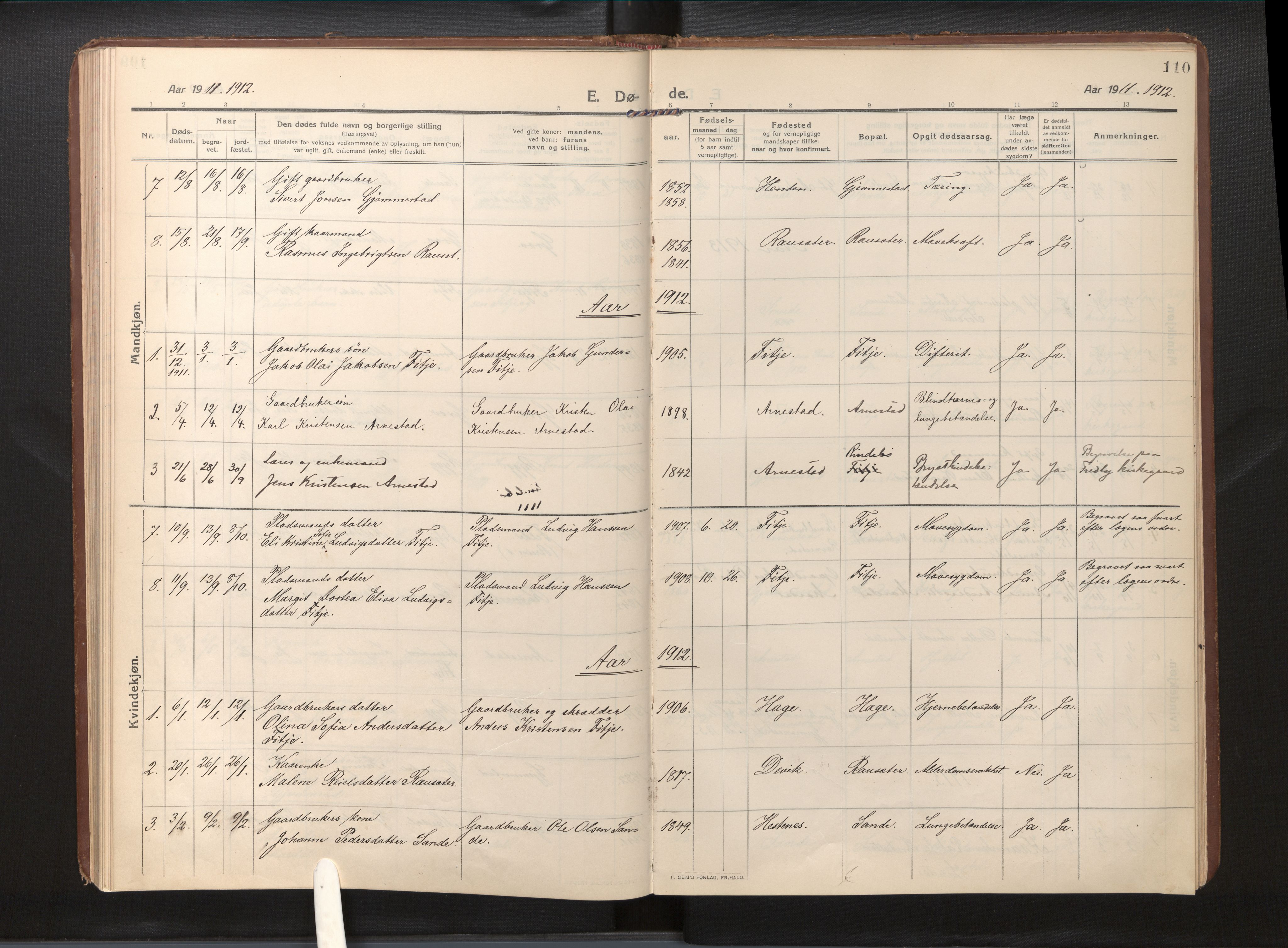 Gloppen sokneprestembete, AV/SAB-A-80101/H/Haa/Haad/L0002: Parish register (official) no. D 2, 1911-1925, p. 109b-110a