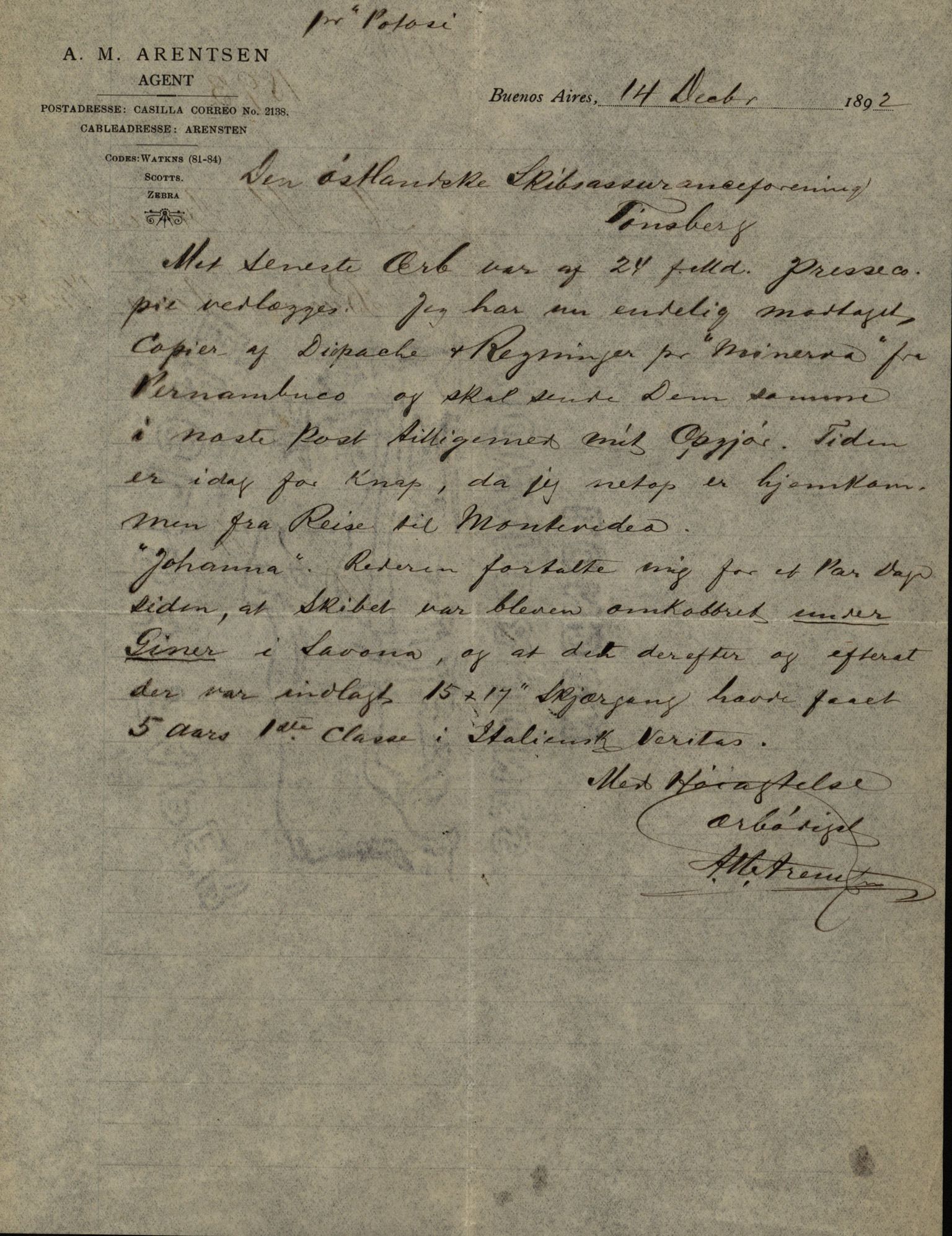 Pa 63 - Østlandske skibsassuranceforening, VEMU/A-1079/G/Ga/L0029/0006: Havaridokumenter / Alart, Aleyon, Agra, Dagmar, Minerva, Eugine, 1892