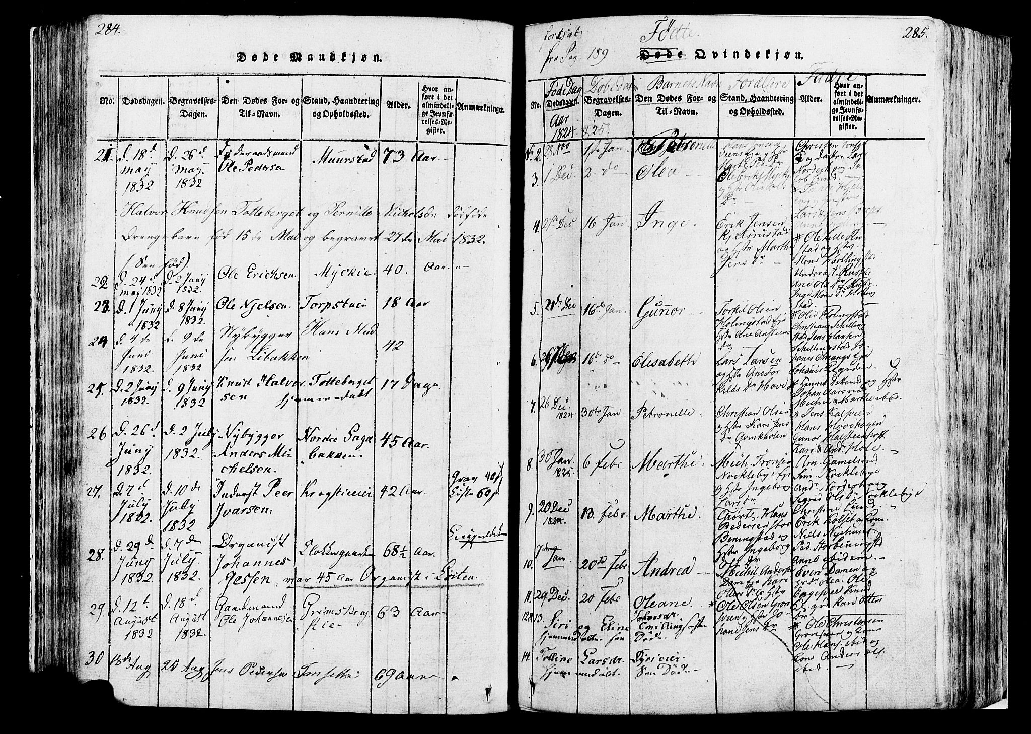 Løten prestekontor, AV/SAH-PREST-022/K/Ka/L0005: Parish register (official) no. 5, 1814-1832, p. 284-285