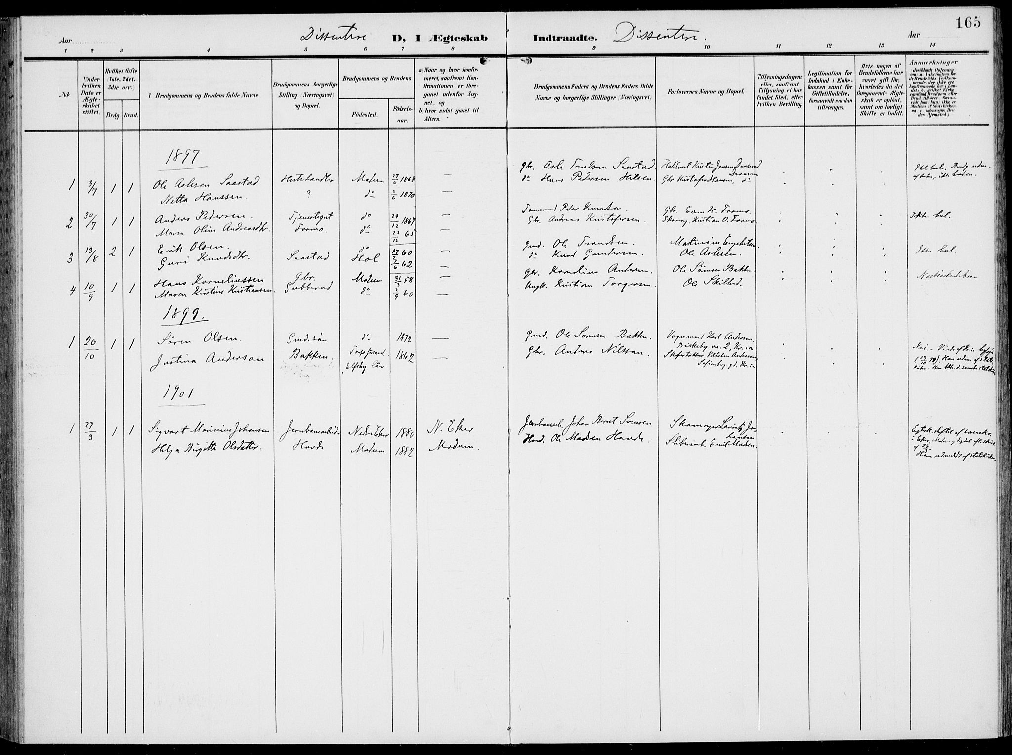 Modum kirkebøker, AV/SAKO-A-234/F/Fa/L0019: Parish register (official) no. 19, 1890-1914, p. 165