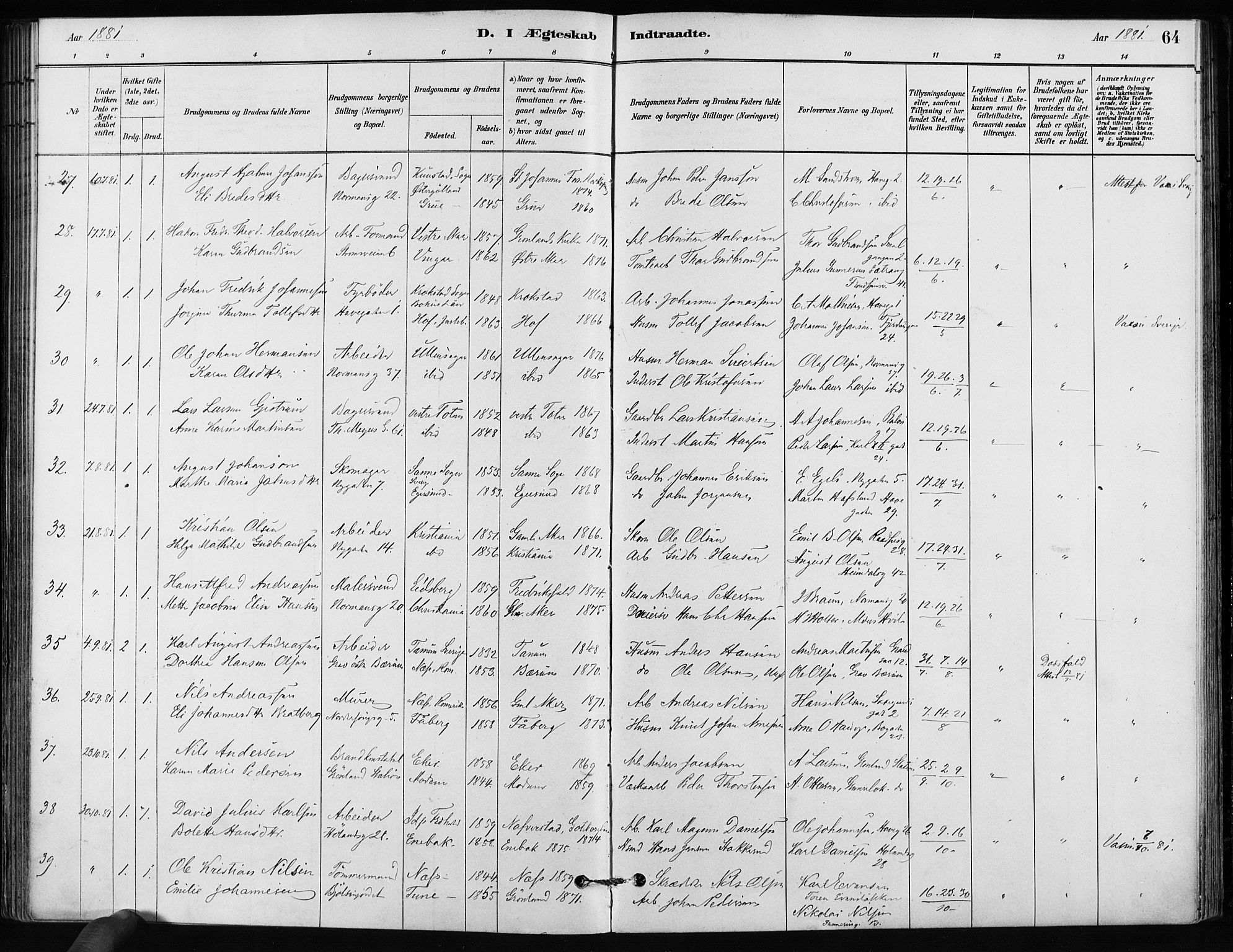 Kampen prestekontor Kirkebøker, SAO/A-10853/F/Fa/L0002: Parish register (official) no. I 2, 1880-1888, p. 64