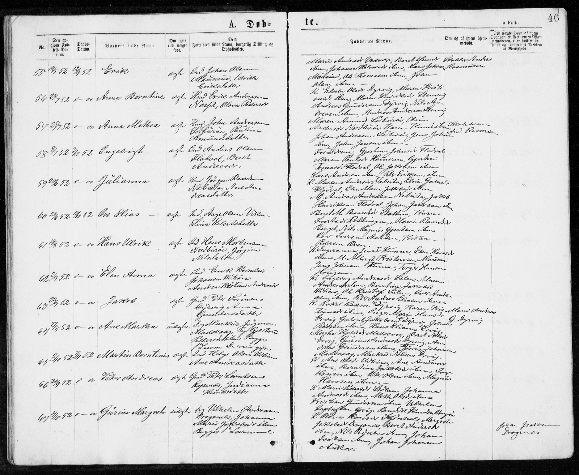 Ministerialprotokoller, klokkerbøker og fødselsregistre - Sør-Trøndelag, AV/SAT-A-1456/640/L0576: Parish register (official) no. 640A01, 1846-1876, p. 46