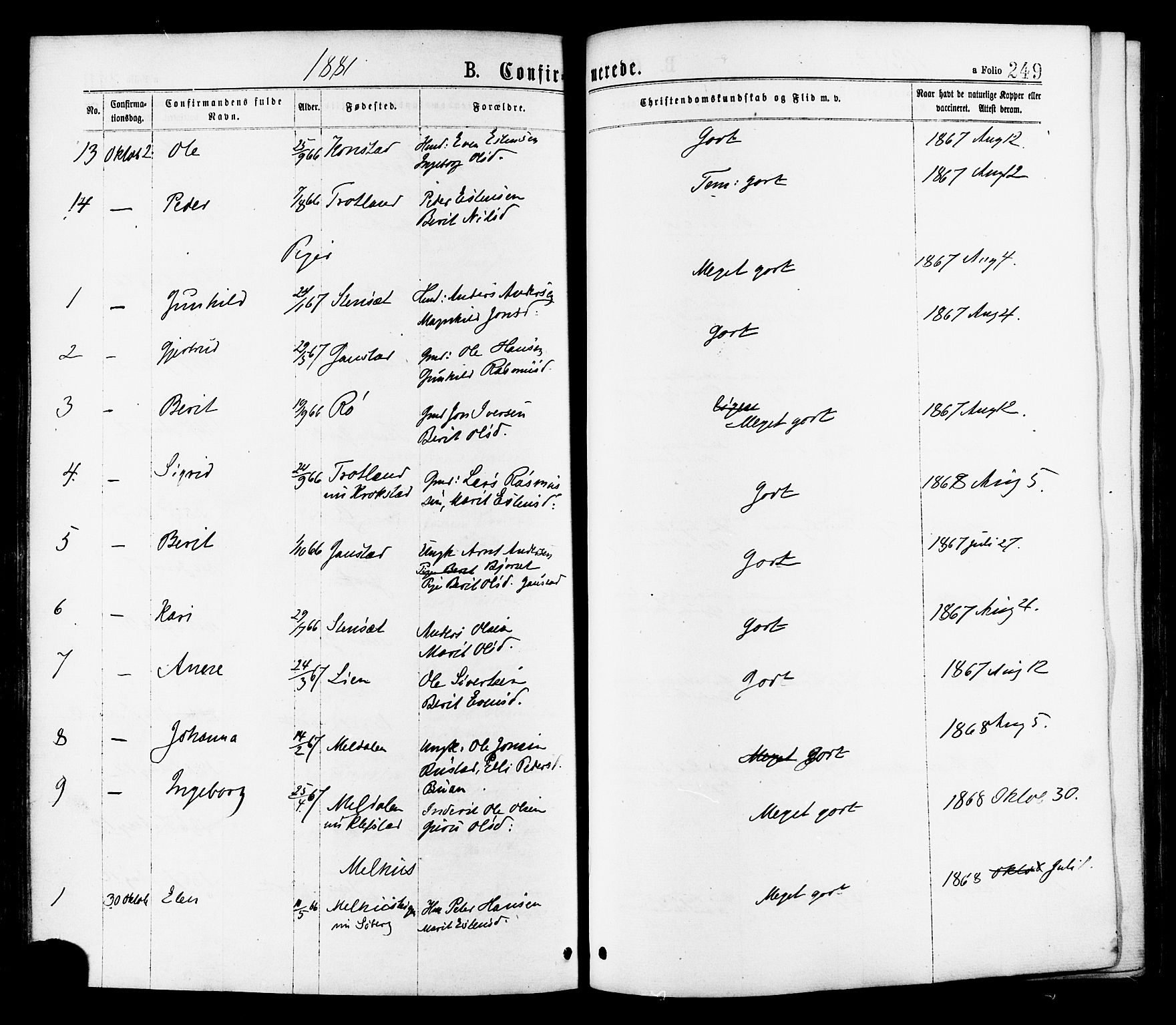 Ministerialprotokoller, klokkerbøker og fødselsregistre - Sør-Trøndelag, SAT/A-1456/691/L1079: Parish register (official) no. 691A11, 1873-1886, p. 249