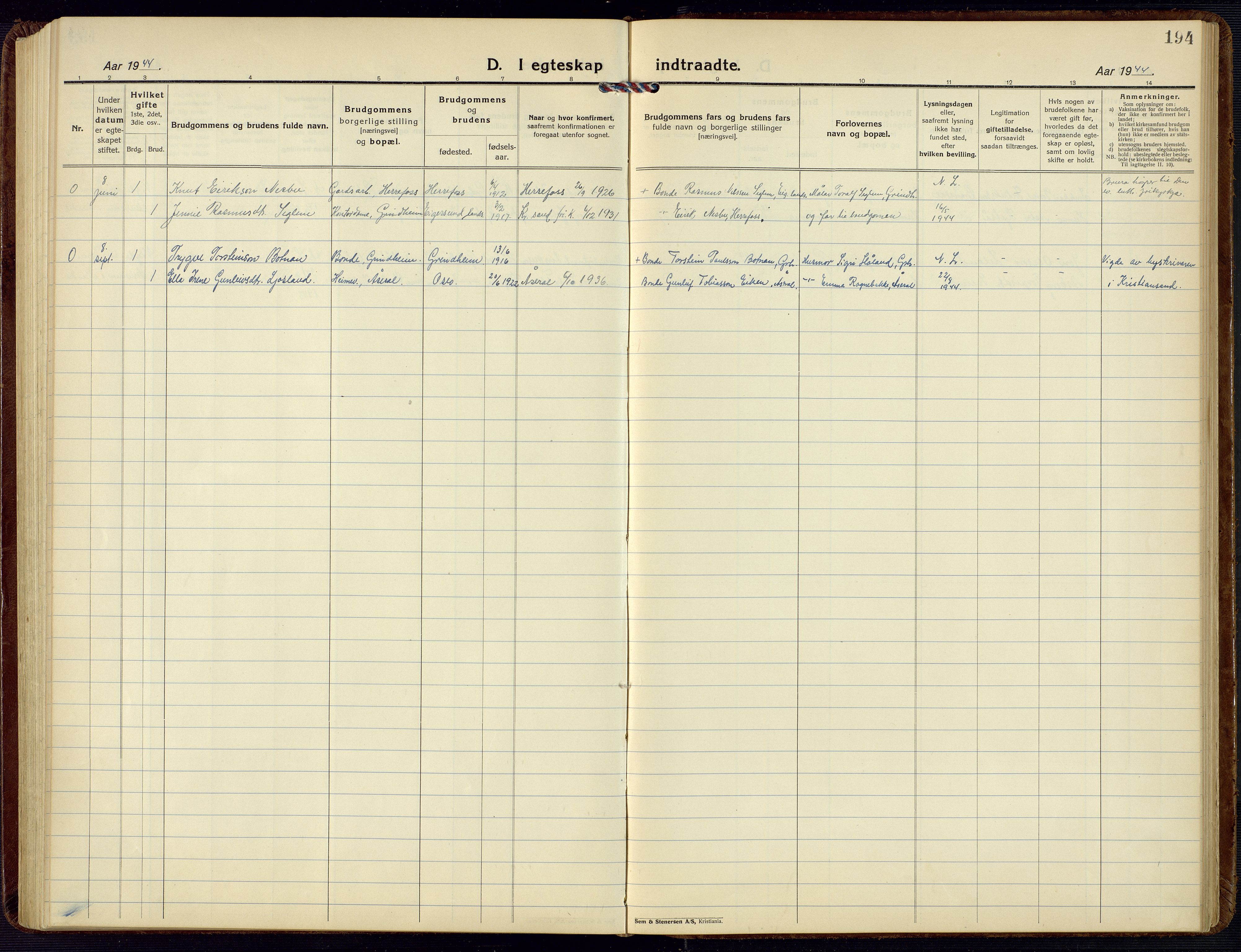 Bjelland sokneprestkontor, SAK/1111-0005/F/Fb/Fbc/L0004: Parish register (copy) no. B 4, 1921-1978, p. 194