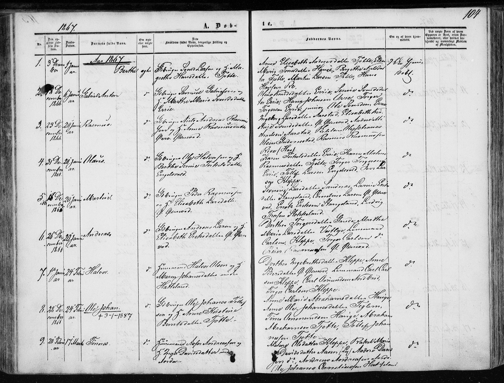 Klepp sokneprestkontor, SAST/A-101803/001/3/30BA/L0005: Parish register (official) no. A 5, 1853-1870, p. 104