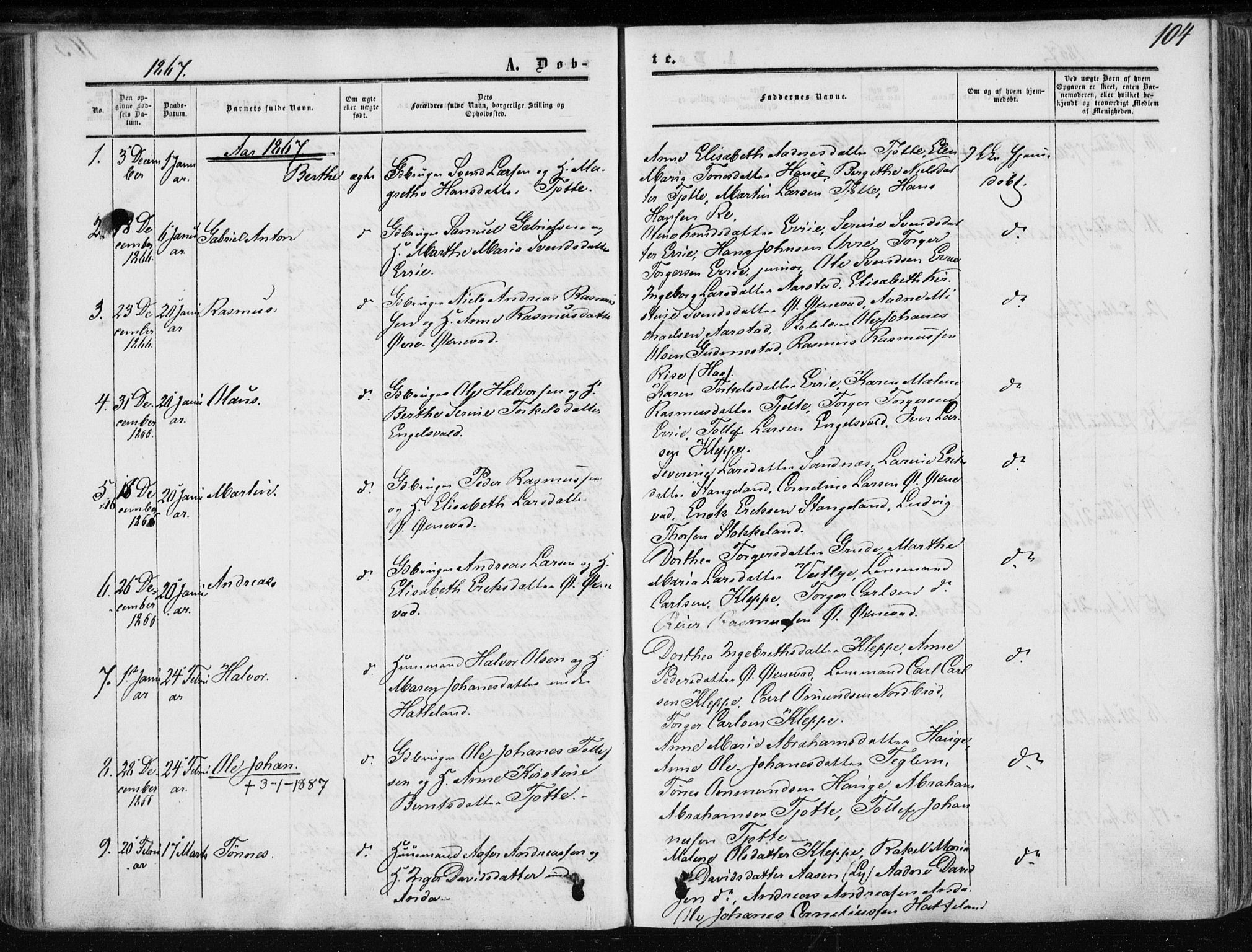 Klepp sokneprestkontor, AV/SAST-A-101803/001/3/30BA/L0005: Parish register (official) no. A 5, 1853-1870, p. 104