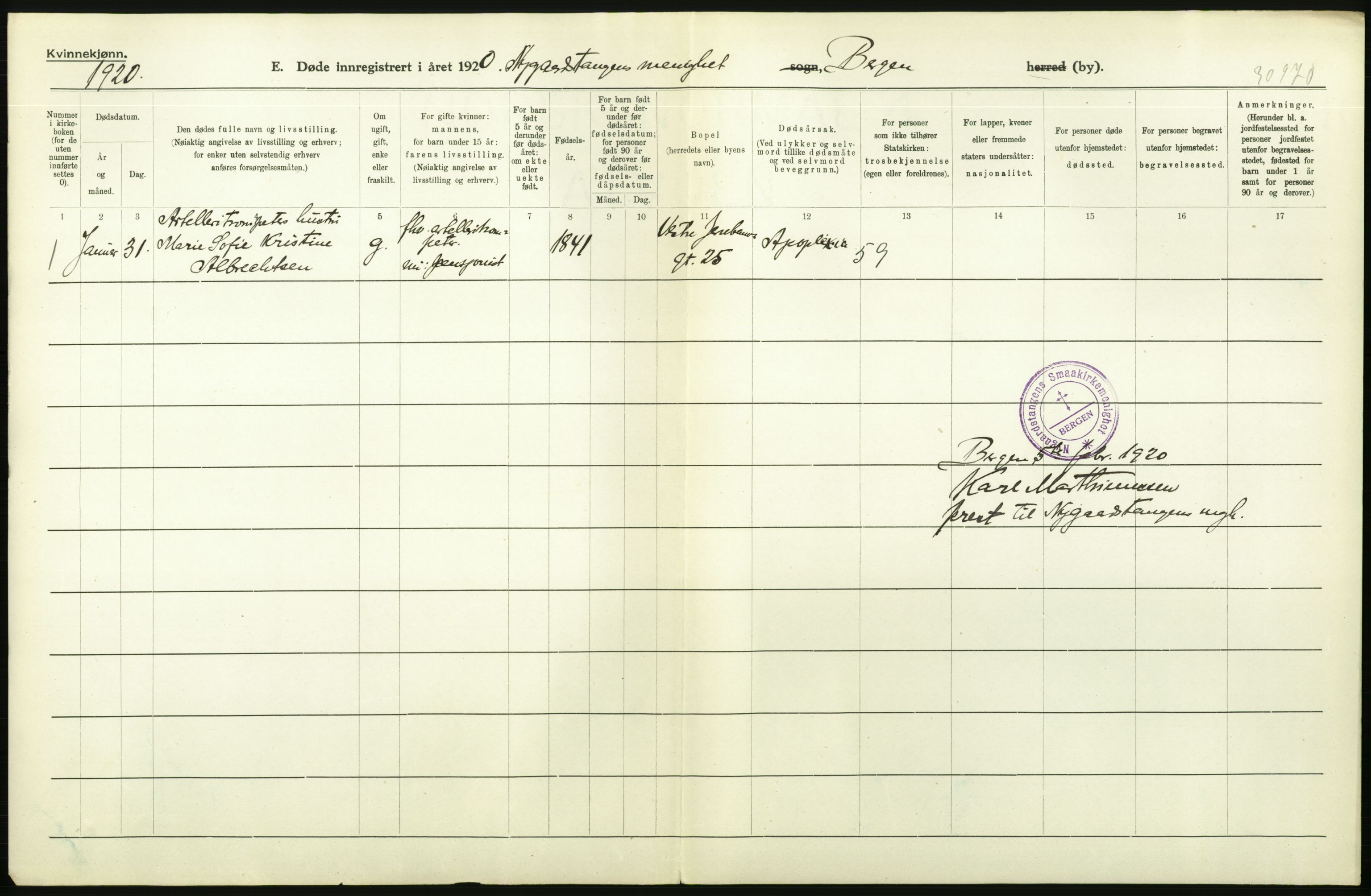 Statistisk sentralbyrå, Sosiodemografiske emner, Befolkning, AV/RA-S-2228/D/Df/Dfb/Dfbj/L0042: Bergen: Gifte, døde, dødfødte., 1920, p. 292