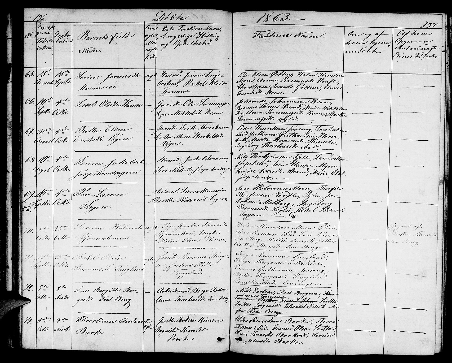 Strand sokneprestkontor, AV/SAST-A-101828/H/Ha/Hab/L0003: Parish register (copy) no. B 3, 1855-1881, p. 136-137