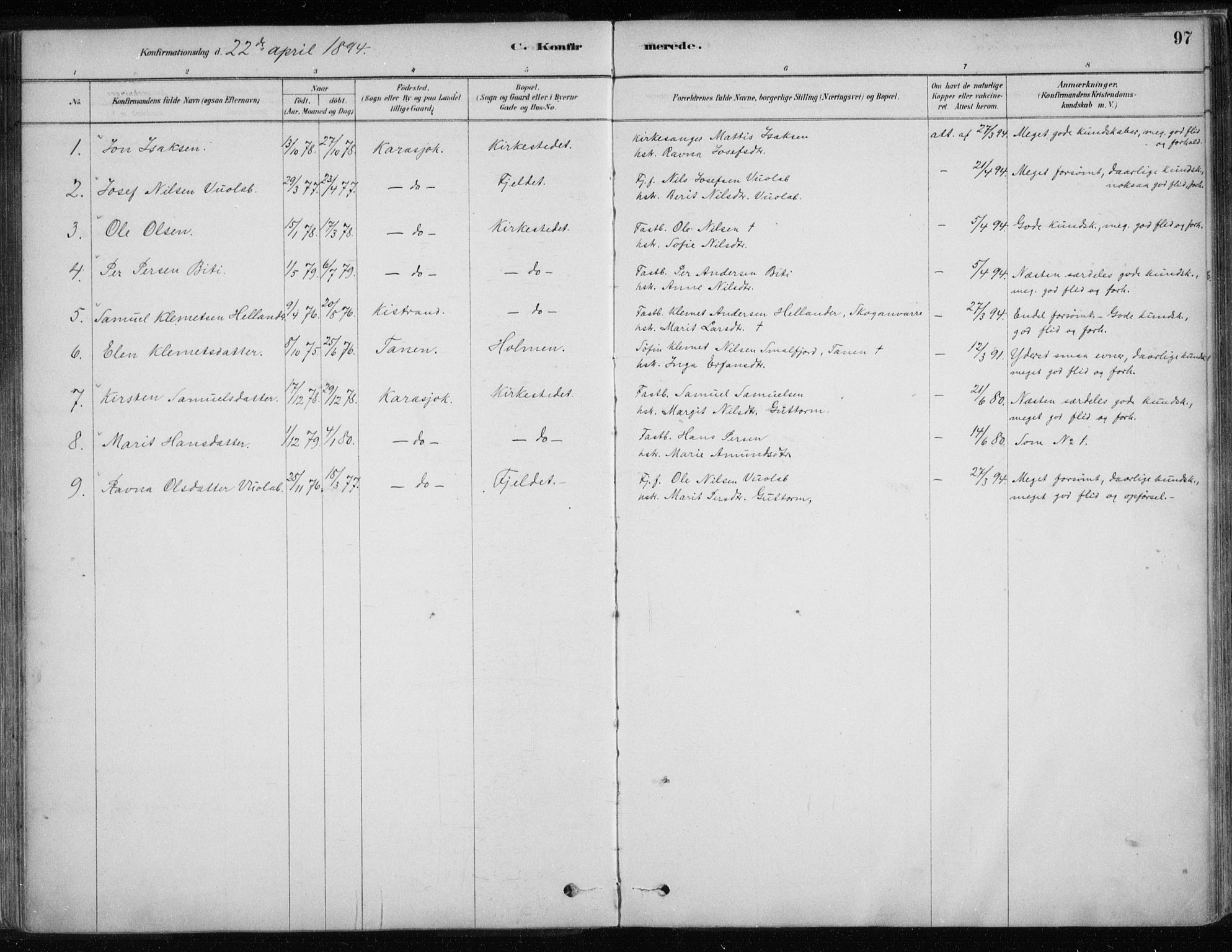 Karasjok sokneprestkontor, AV/SATØ-S-1352/H/Ha/L0002kirke: Parish register (official) no. 2, 1885-1906, p. 97