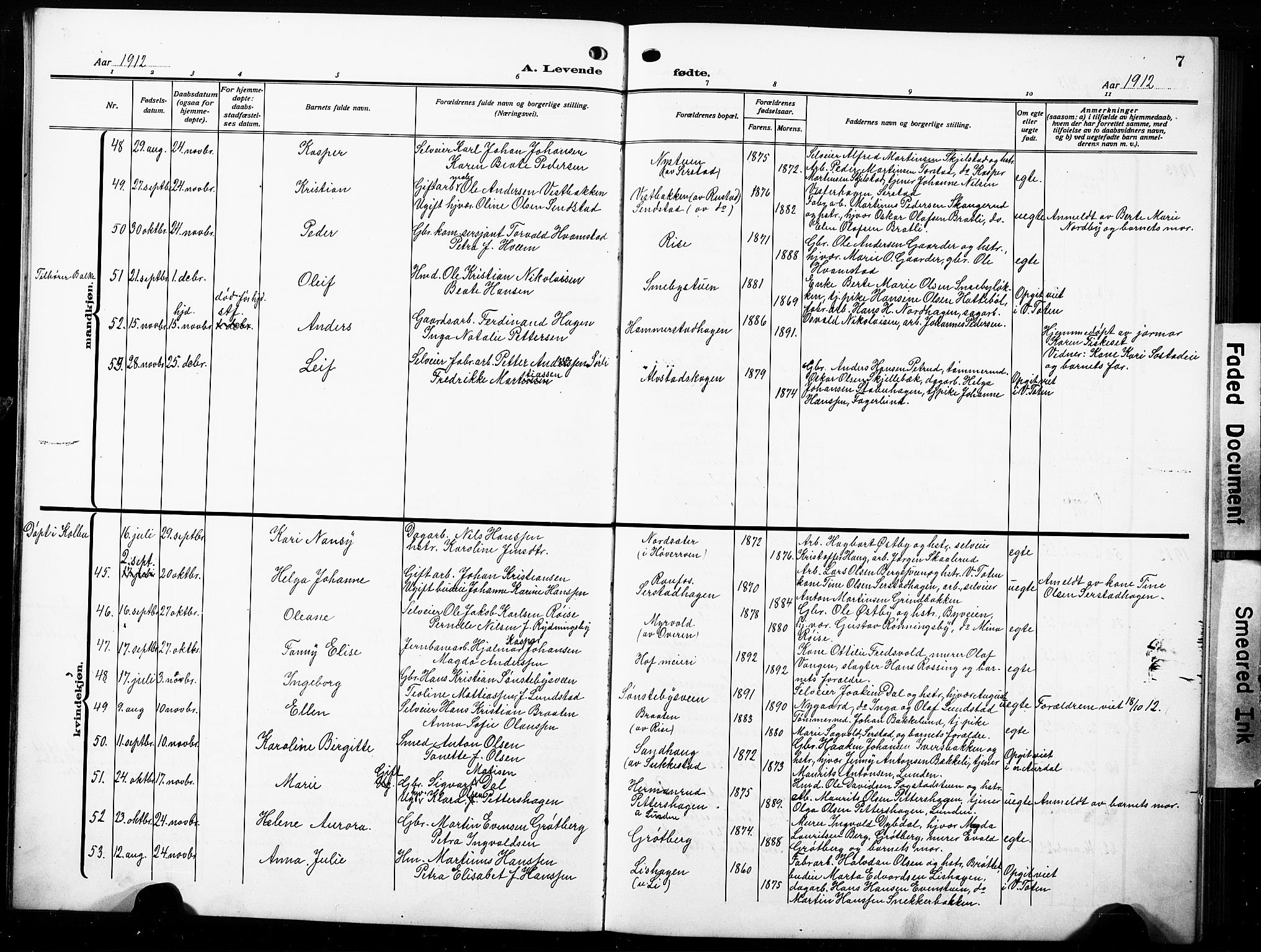 Østre Toten prestekontor, AV/SAH-PREST-104/H/Ha/Hab/L0010: Parish register (copy) no. 10, 1912-1933, p. 7