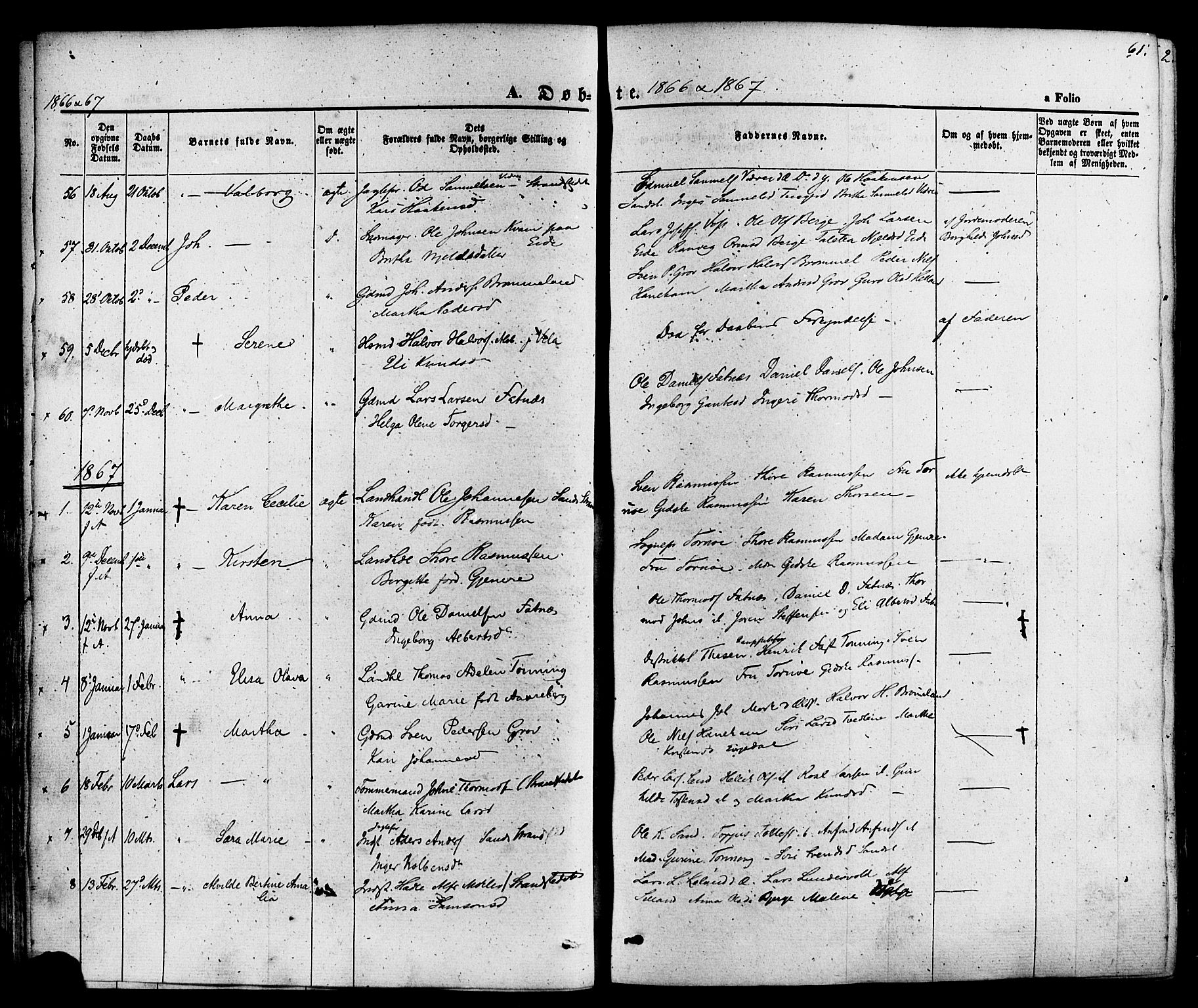 Sand sokneprestkontor, AV/SAST-A-101848/01/III/L0003: Parish register (official) no. A 3, 1854-1879, p. 61