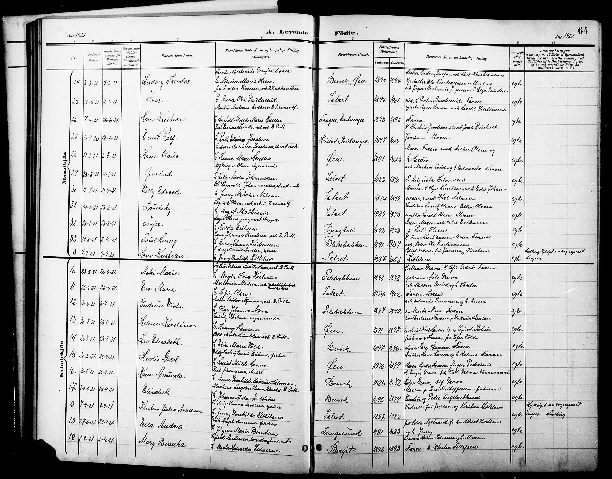 Brevik kirkebøker, SAKO/A-255/G/Ga/L0005: Parish register (copy) no. 5, 1901-1924, p. 64