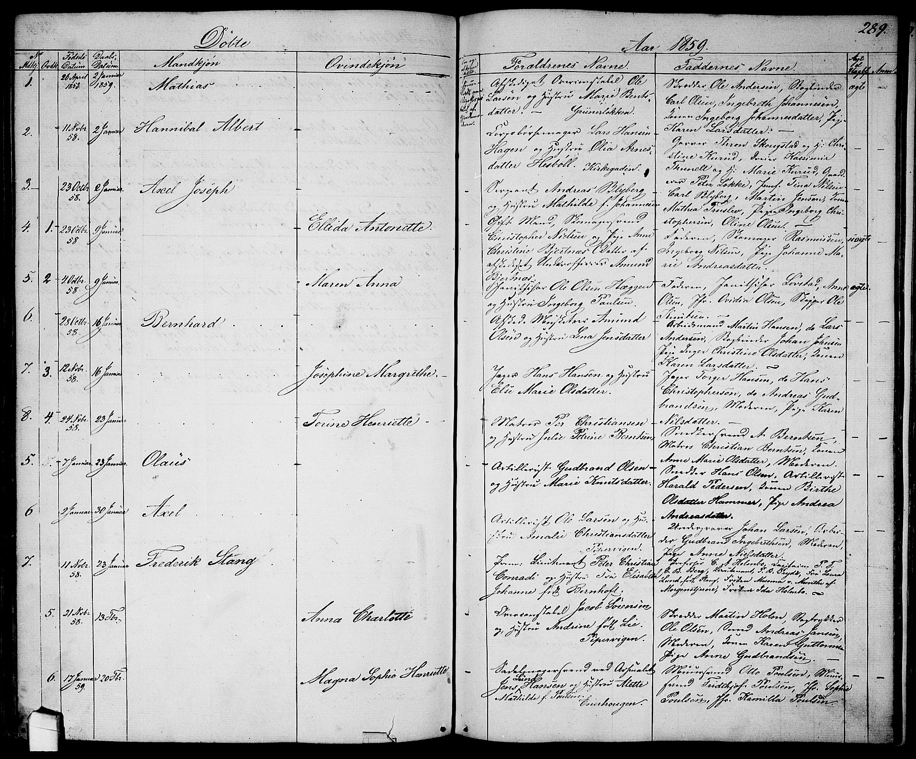 Garnisonsmenigheten Kirkebøker, SAO/A-10846/G/Ga/L0005: Parish register (copy) no. 5, 1841-1860, p. 289