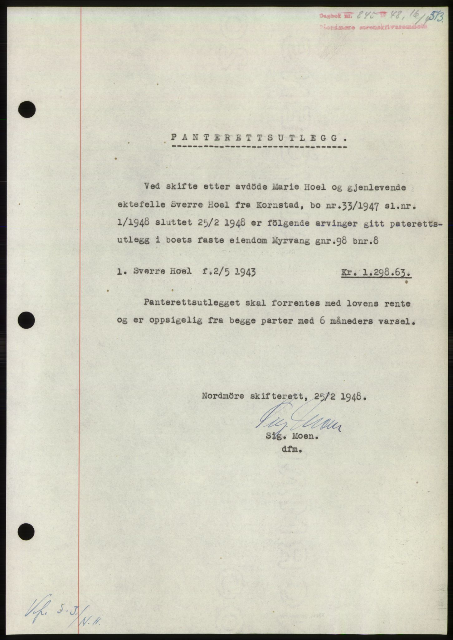 Nordmøre sorenskriveri, AV/SAT-A-4132/1/2/2Ca: Mortgage book no. B98, 1948-1948, Diary no: : 845/1948