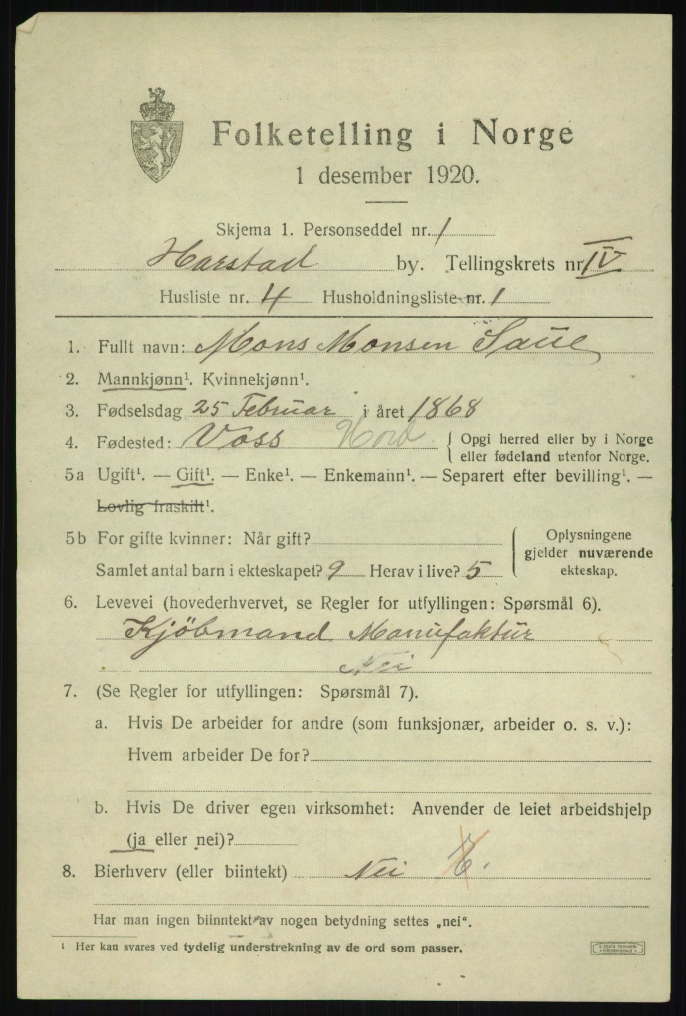 SATØ, 1920 census for Harstad, 1920, p. 5198