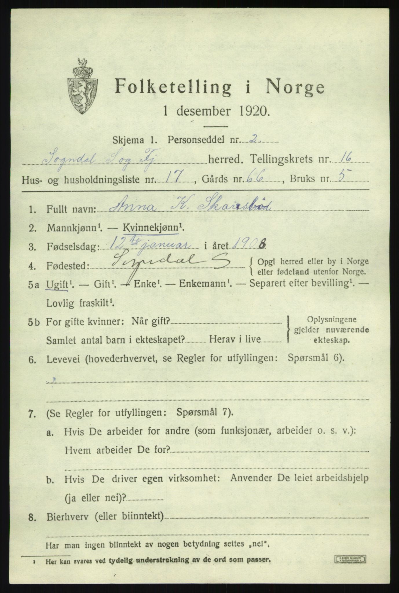 SAB, 1920 census for Sogndal, 1920, p. 6269