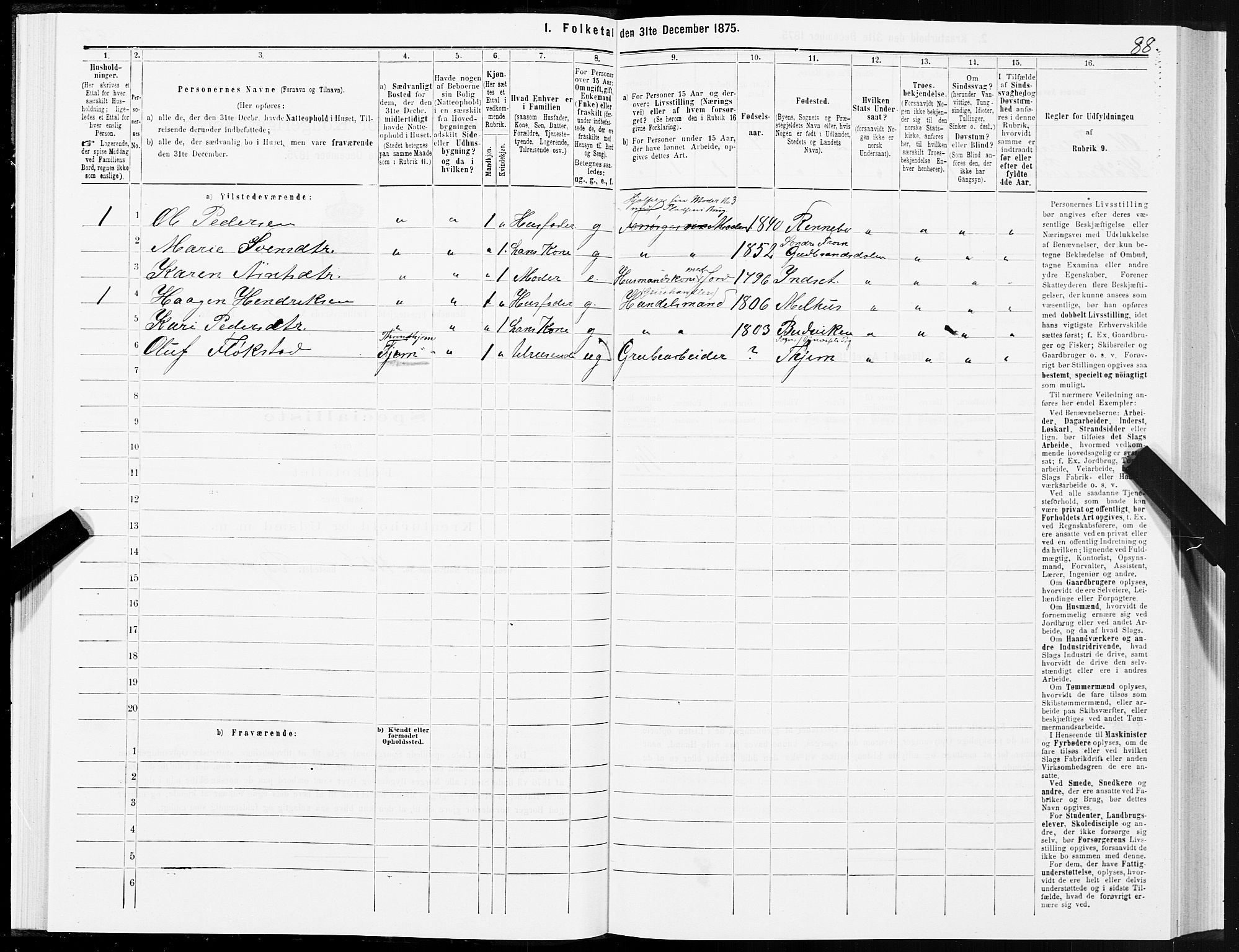 SAT, 1875 census for 1635P Rennebu, 1875, p. 2088