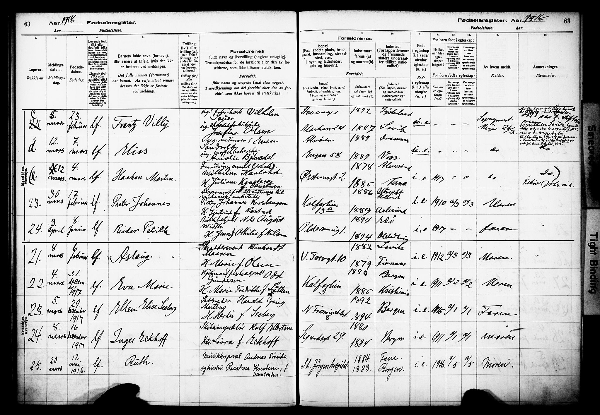 Domkirken sokneprestembete, AV/SAB-A-74801/I/Id/L00A1: Birth register no. A 1, 1916-1923, p. 63