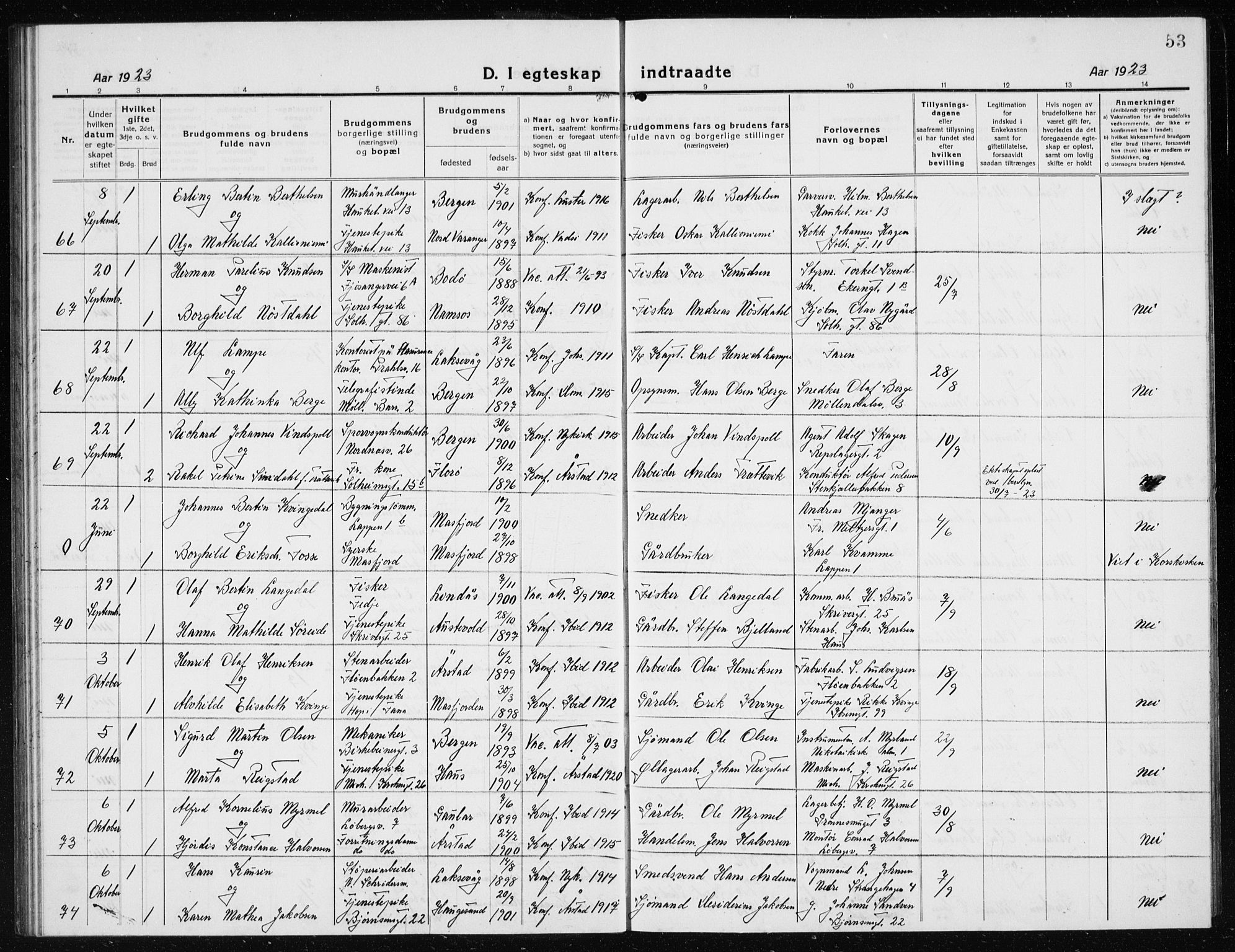 Årstad Sokneprestembete, AV/SAB-A-79301/H/Hab/L0020: Parish register (copy) no. C  2, 1920-1935, p. 53