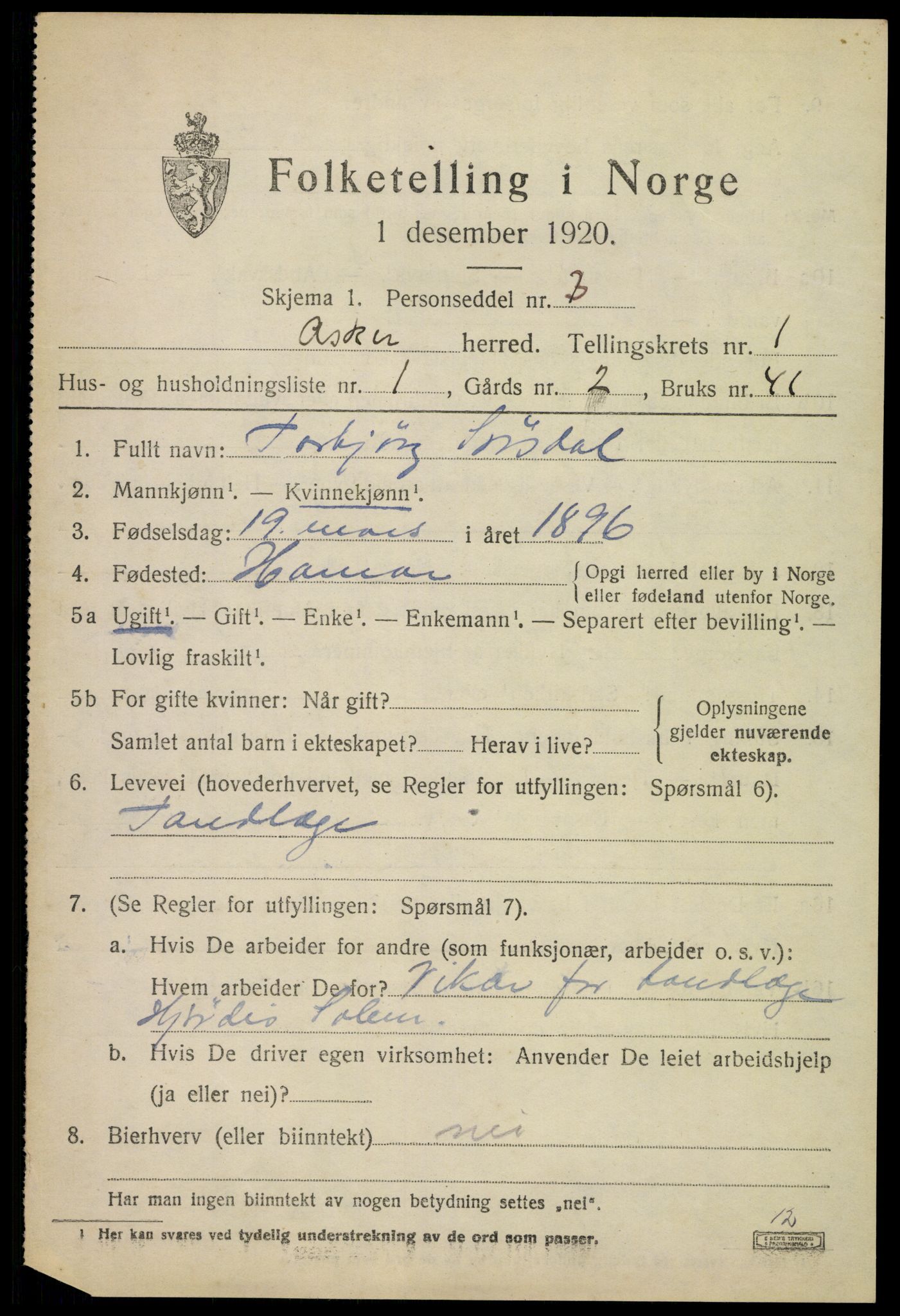 SAO, 1920 census for Asker, 1920, p. 2302