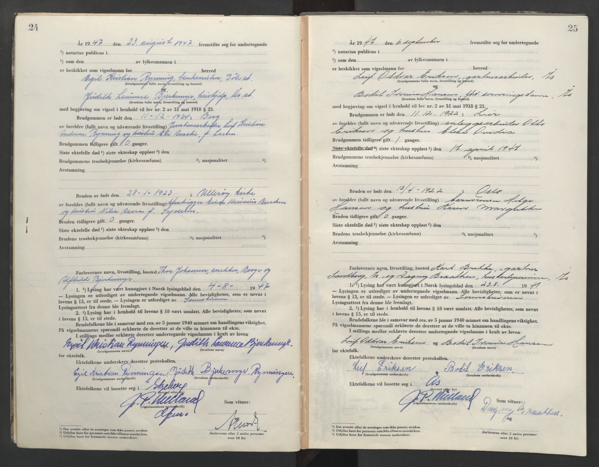 Follo sorenskriveri, AV/SAO-A-10274/L/La/Lab/L0003: Vigselsbok, 1946-1955, p. 24-25